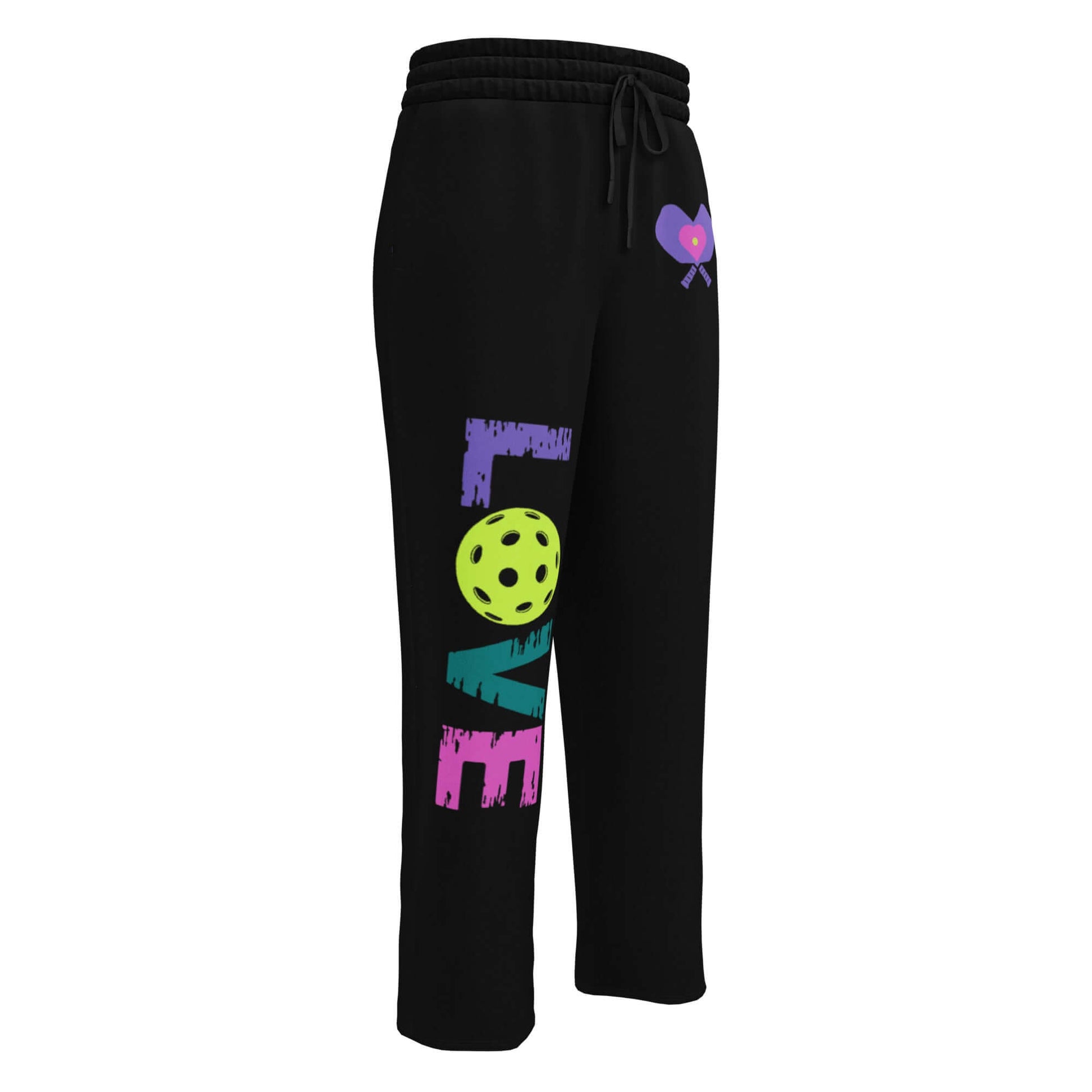 Women's wide-leg joggers with colorful LOVE design and pickleball graphic, perfect for comfort and style on and off the court.