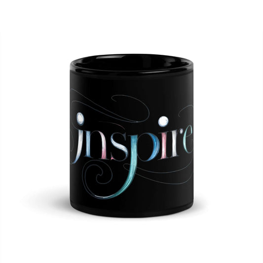 Inspire Sketch Black Glossy Mug featuring elegant word art design in flowing letters and intricate patterns.