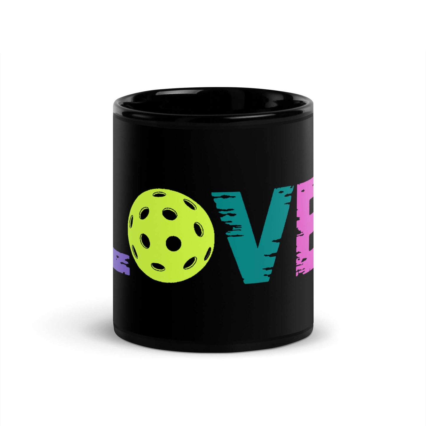 LOVE Pickleball Black Glossy Mug with vibrant lettering and pickleball graphic, perfect for enthusiasts.