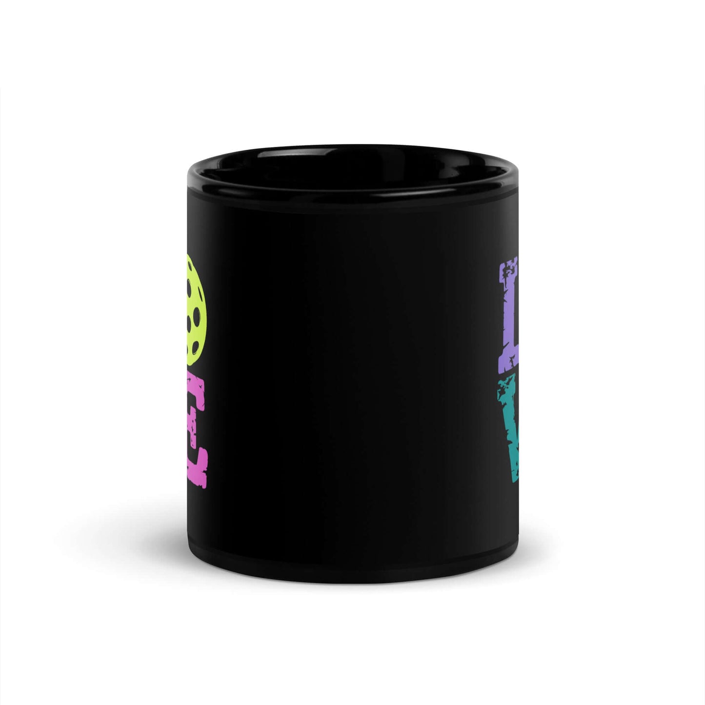 LOVE Pickleball black glossy mug featuring colorful graphics, perfect for coffee lovers and pickleball enthusiasts.