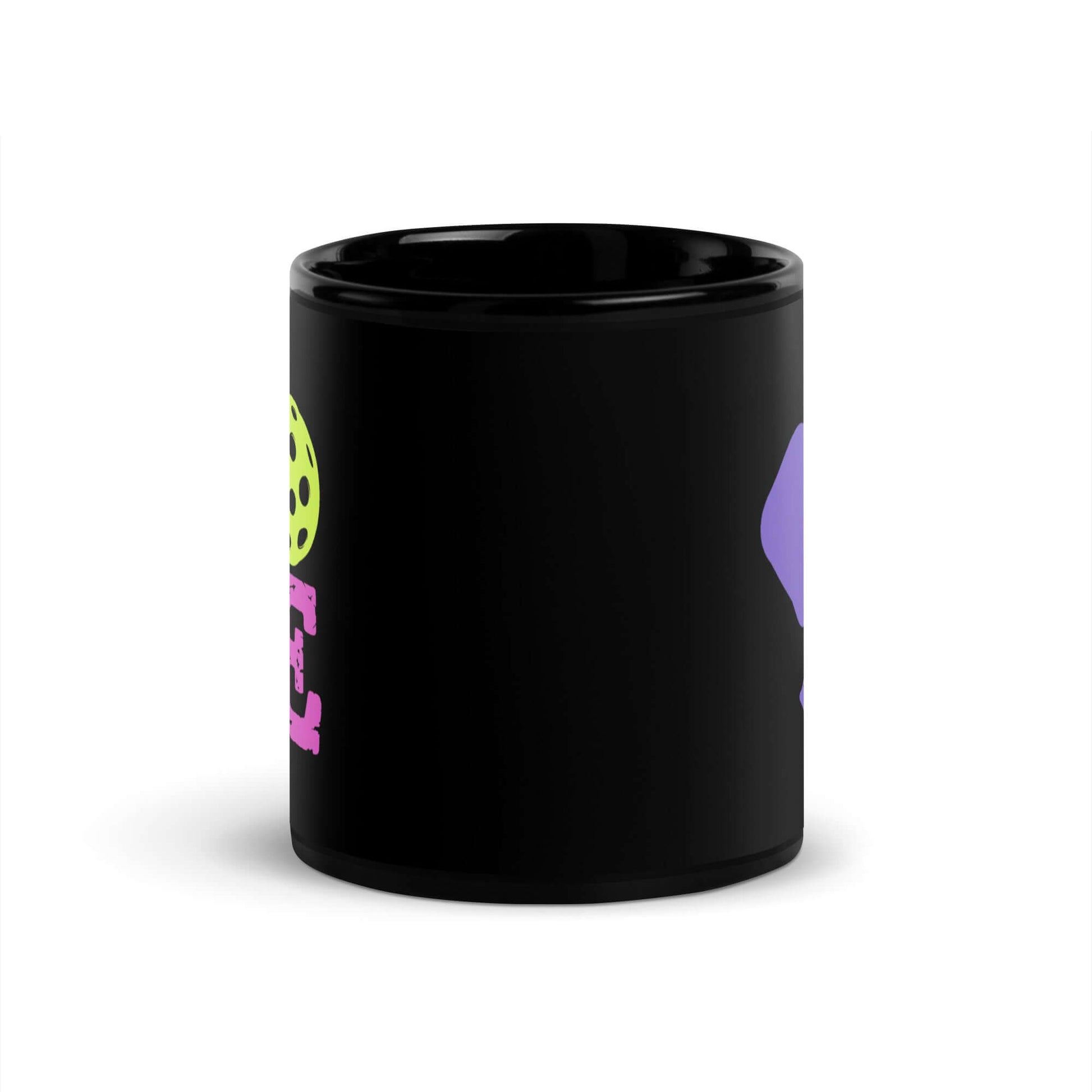 LOVE Pickleball black glossy mug featuring colorful design and playful pickleball graphic.