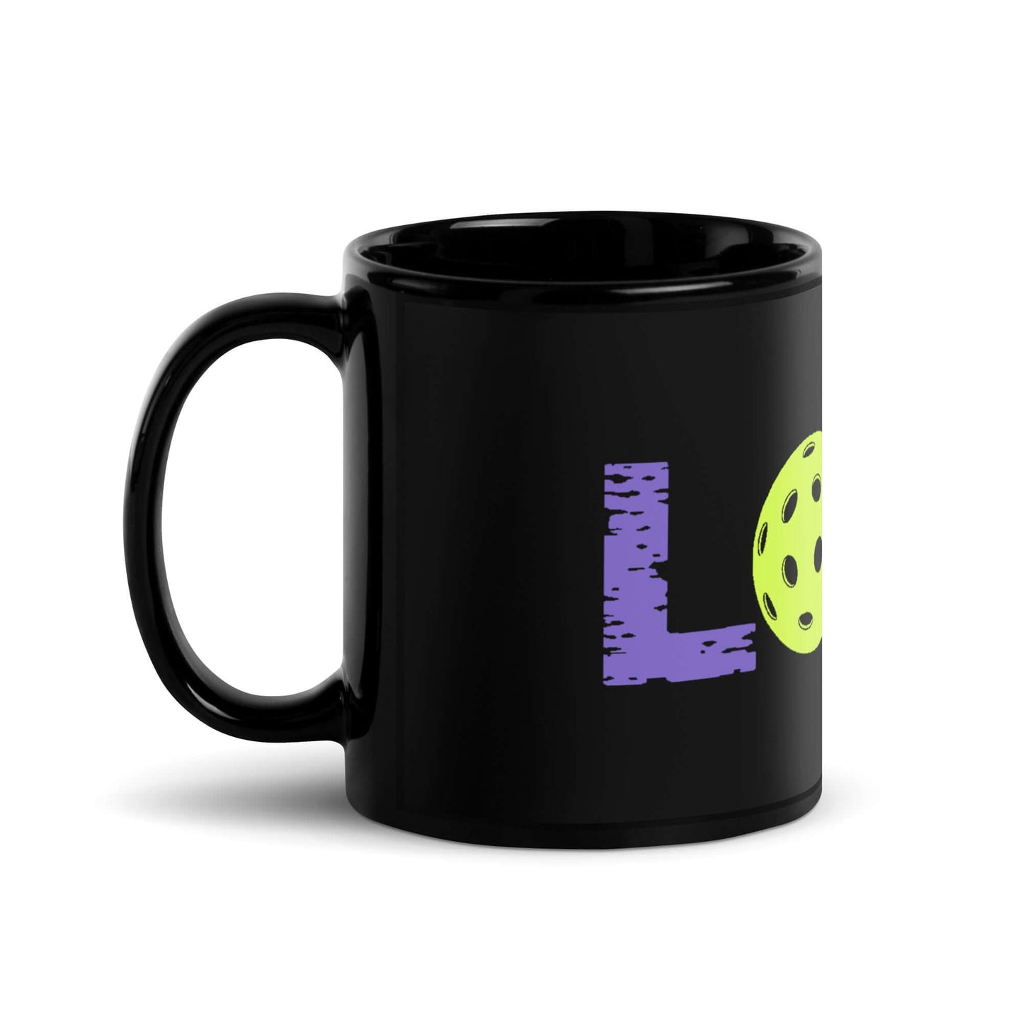 LOVE Pickleball black glossy mug featuring playful lettering and a green pickleball design.