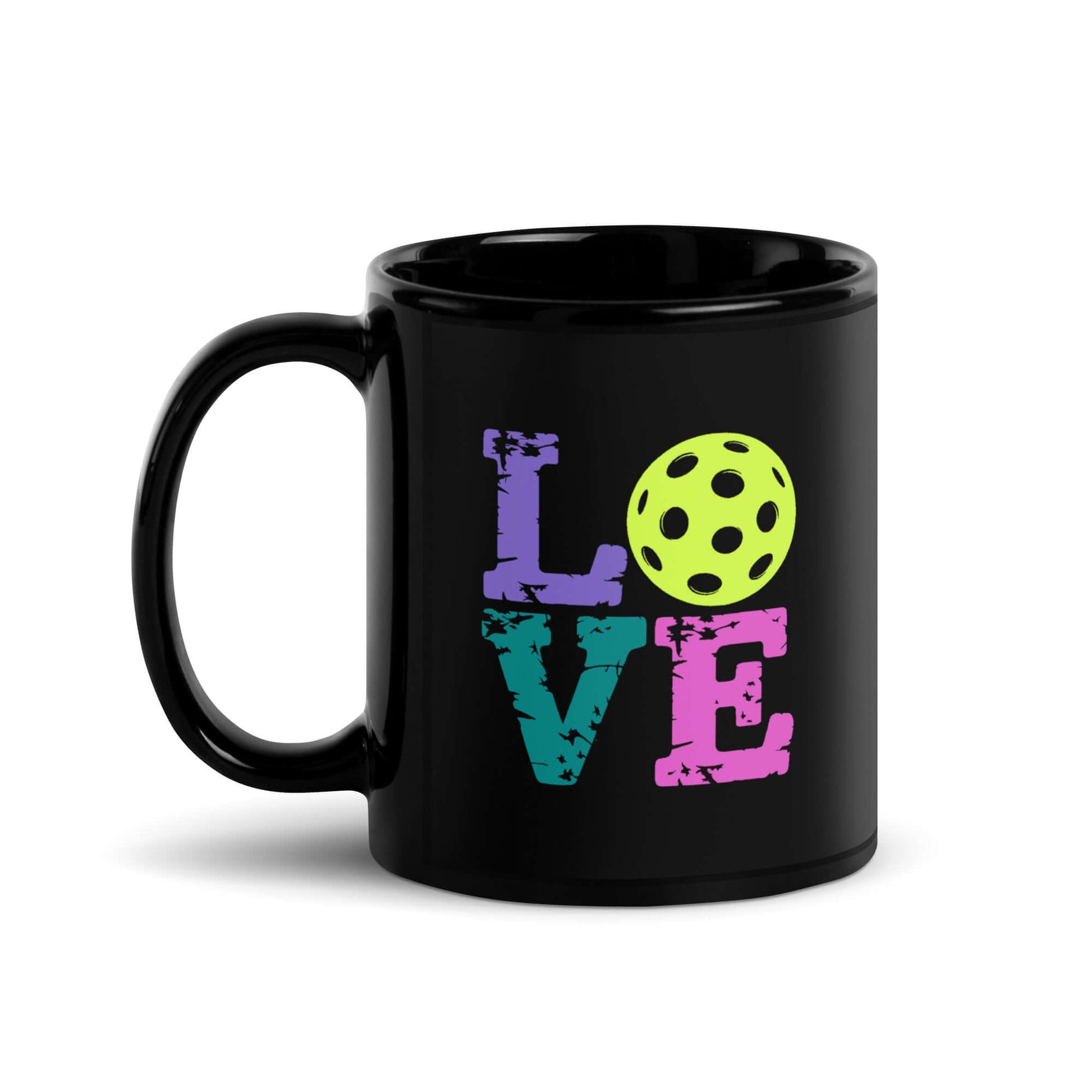 LOVE Pickleball Black Glossy Mug featuring colorful lettering and a pickleball design, perfect for coffee lovers.