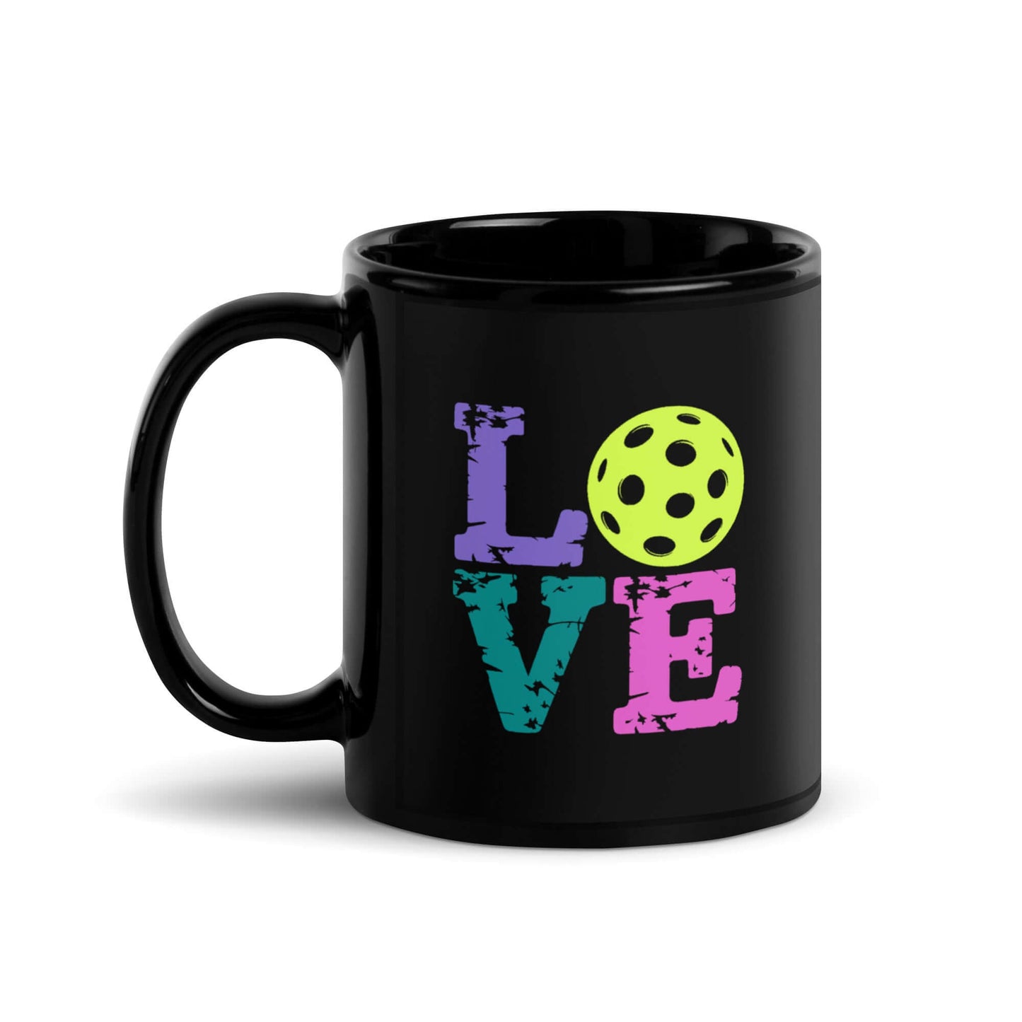 LOVE Pickleball Black Glossy Mug featuring colorful text and a playful pickleball design.