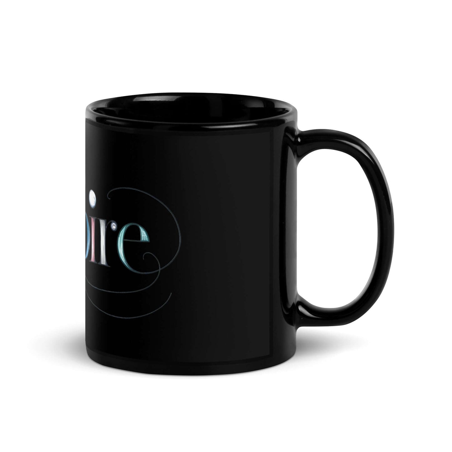 Black glossy mug featuring the word "Inspire" with elegant swirls and patterns, perfect for starting your day creatively.