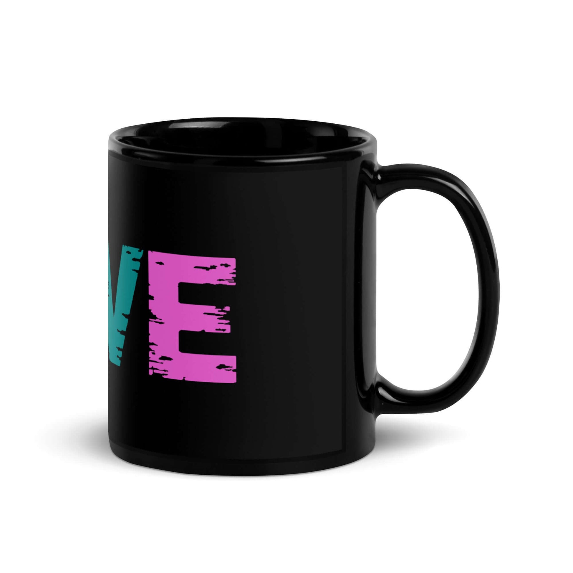 LOVE Pickleball black glossy mug showcasing vibrant colors, perfect for coffee or tea lovers.