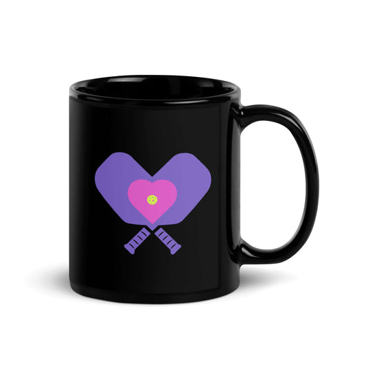 LOVE Pickleball Black Glossy Mug with heart and paddle design, perfect for coffee lovers and pickleball enthusiasts.