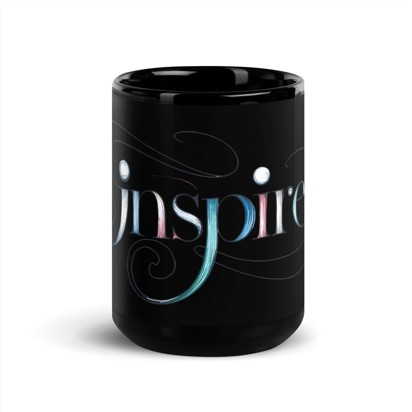 Inspire Sketch Black Glossy Mug featuring elegant word art design with swirling letters and intricate patterns.