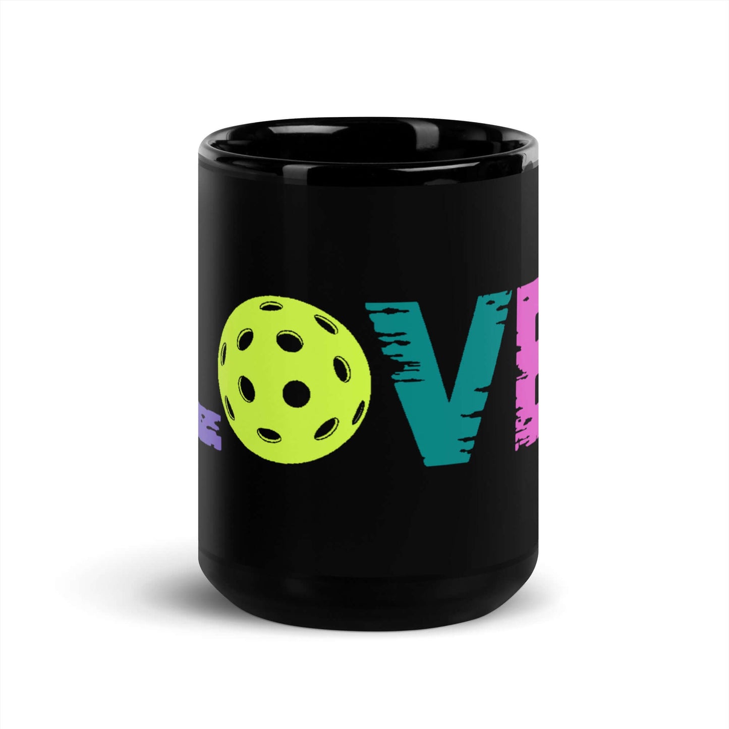 LOVE Pickleball black glossy mug showcasing vibrant lettering and a pickleball graphic, perfect for enthusiasts.