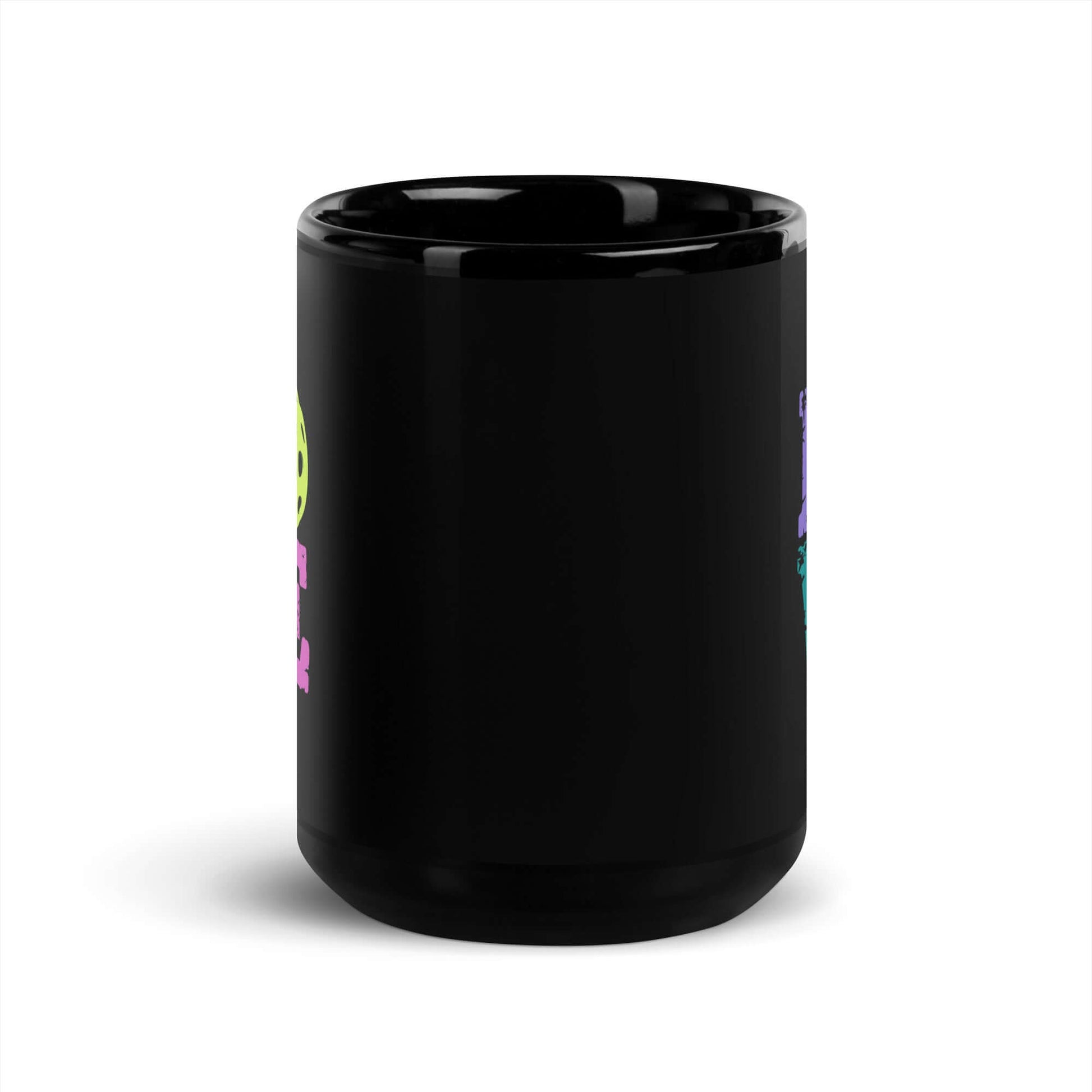 LOVE Pickleball Black Glossy Mug showcasing vibrant text, perfect for coffee lovers and pickleball fans.