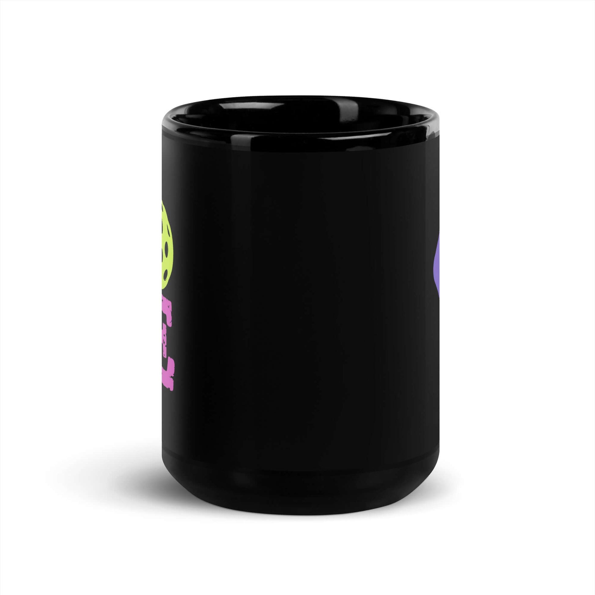 LOVE Pickleball Black Glossy Mug showcasing playful design with vibrant colors, ideal for pickleball lovers.