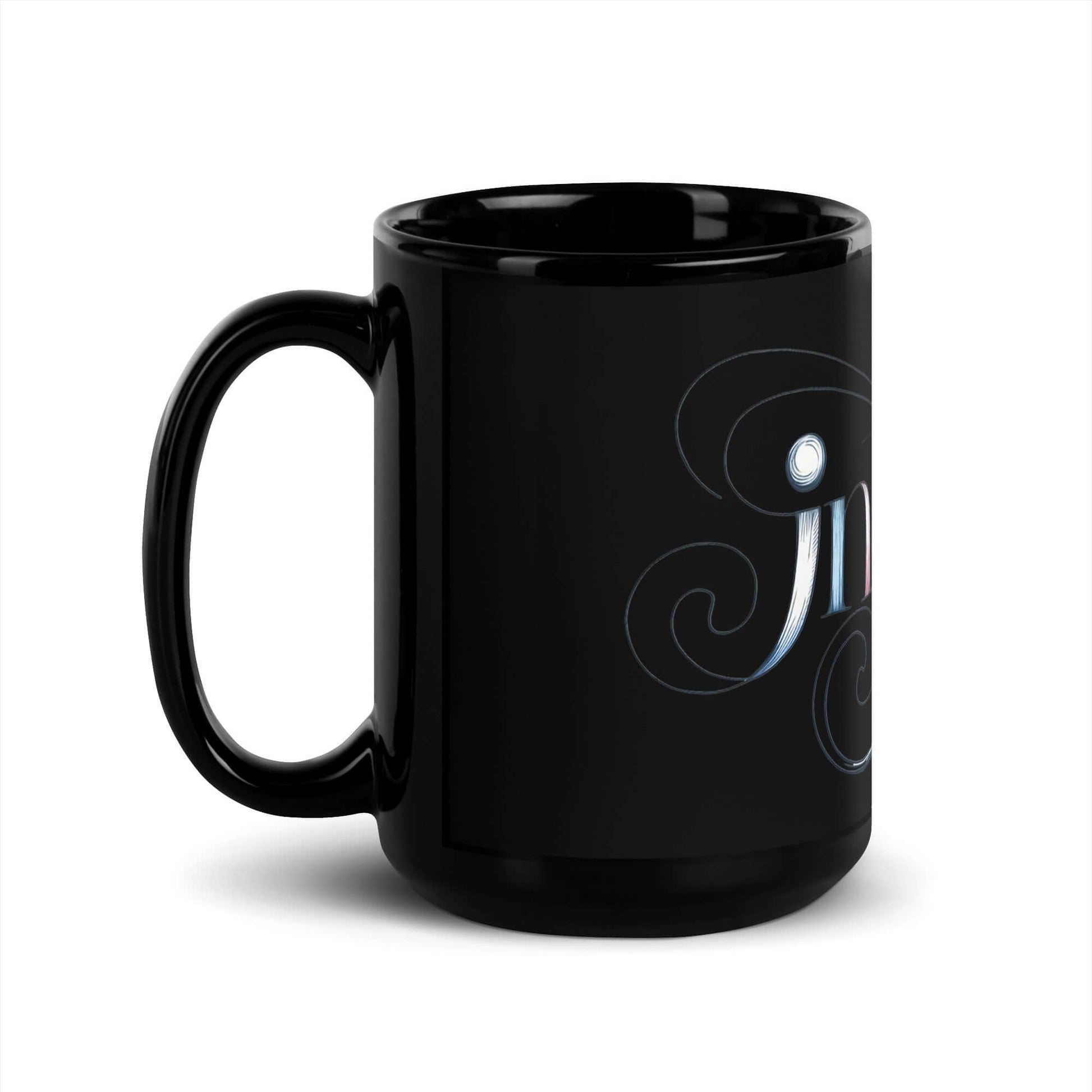 Inspire Sketch Black Glossy Mug featuring elegant word art design with swirling letters and the word “Inspire.”