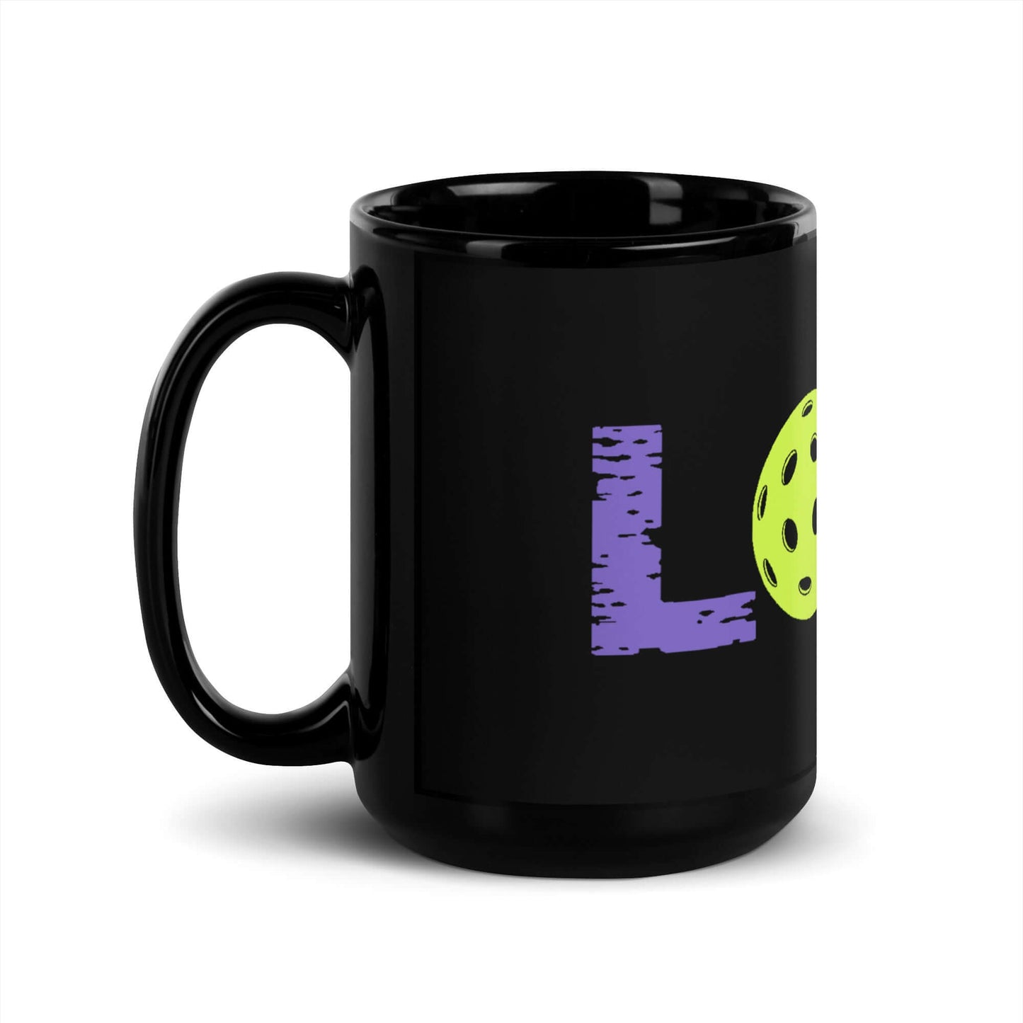 LOVE Pickleball black glossy mug with vibrant purple letters and pickleball graphic, perfect for enthusiasts.