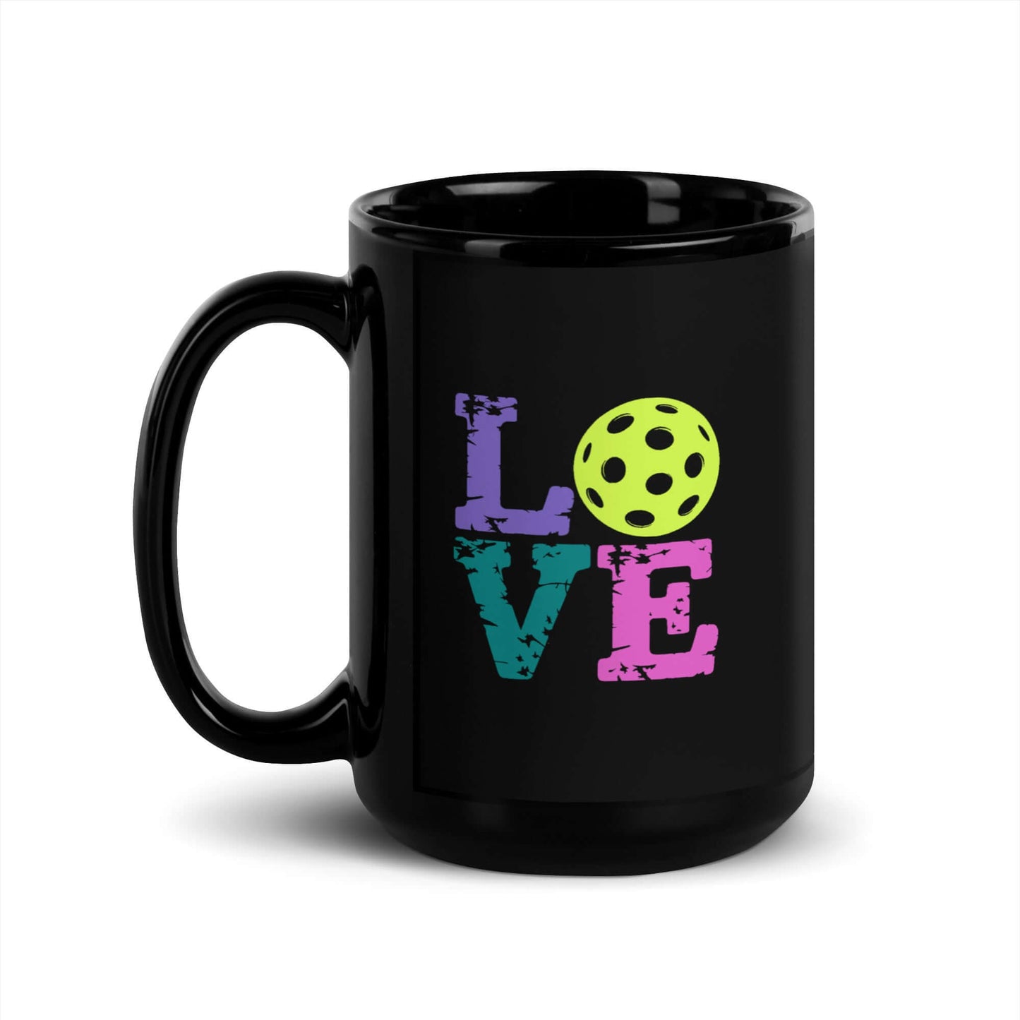 LOVE Pickleball black glossy mug with colorful lettering and a pickleball graphic.