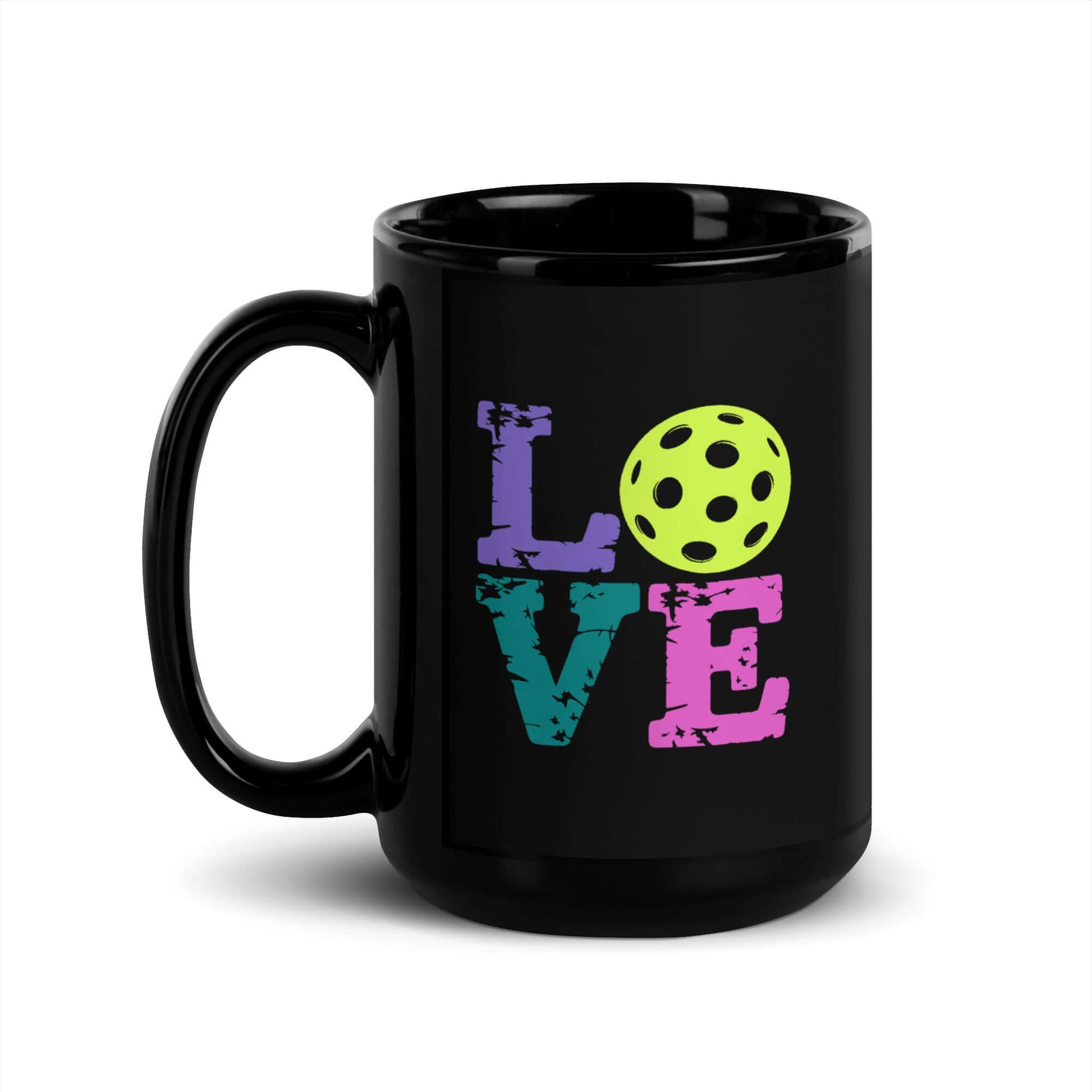 LOVE Pickleball black glossy mug with colorful letters and a pickleball design.