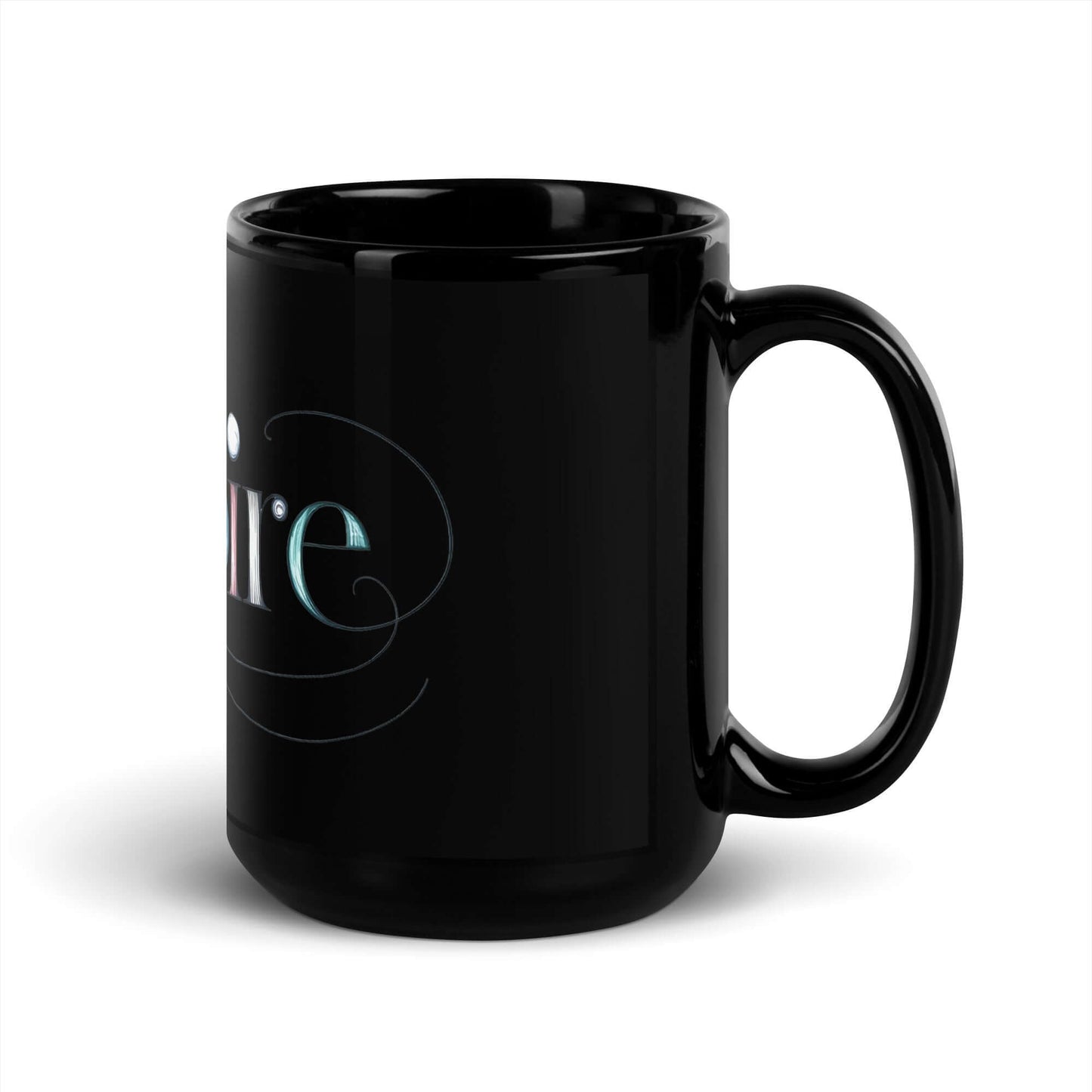 Inspire Sketch Black Glossy Mug featuring elegant word art design on a sleek black surface. Perfect for daily inspiration.