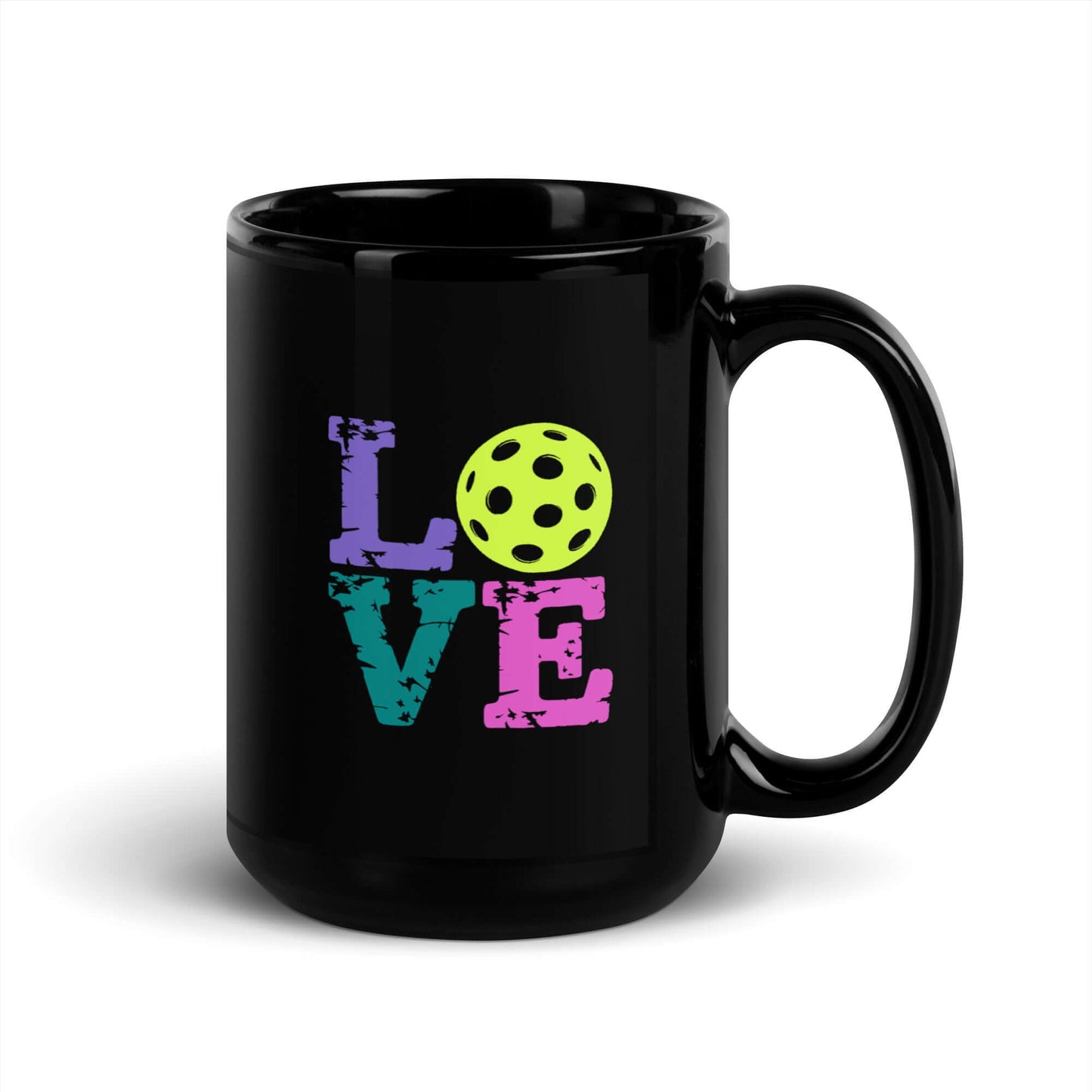 LOVE Pickleball Black Glossy Mug featuring colorful text and pickleball design, perfect for fans of the sport.