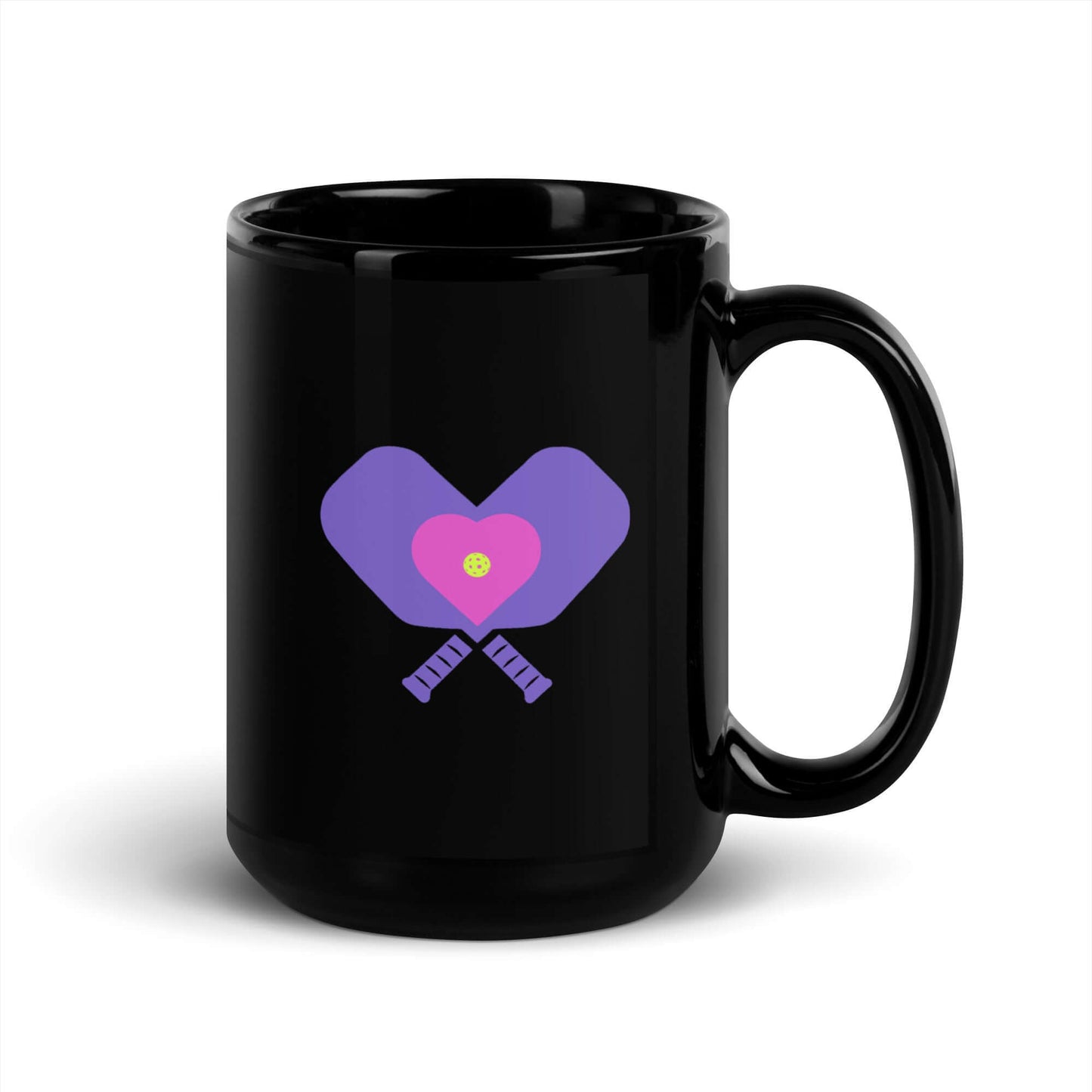 LOVE Pickleball black glossy mug featuring heart-shaped paddles and a bold design, perfect for coffee lovers.