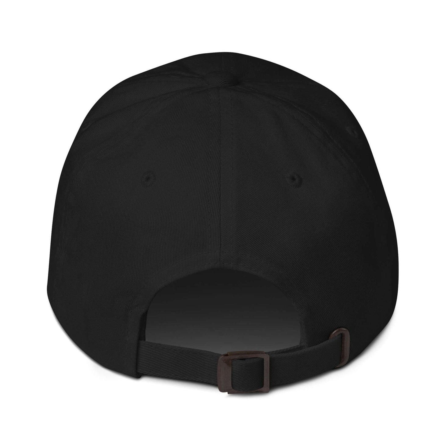 Back view of an Elegantly Inspired Hat featuring an adjustable strap and sleek design in black.