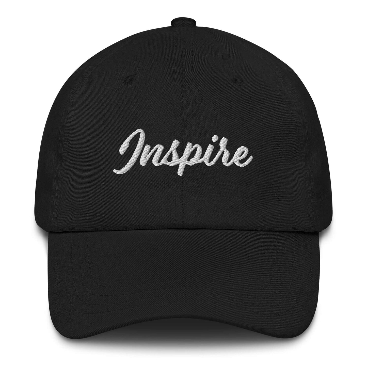 Elegant black hat featuring the word 'Inspire' embroidered in silver, perfect for everyday motivation.