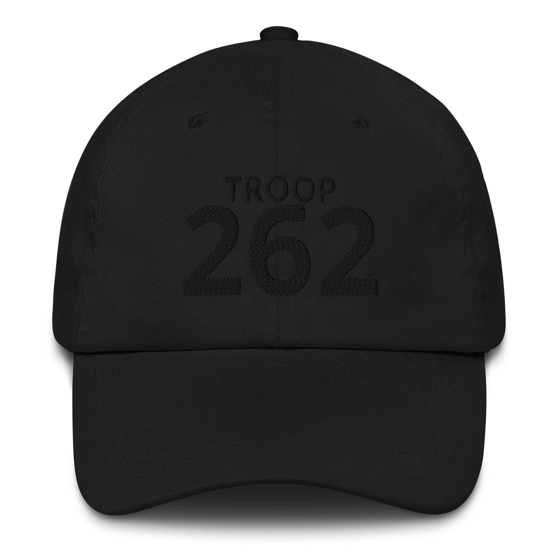 Black low-profile cap with embroidered "TROOP 262" design and adjustable strap. Perfect for casual wear.