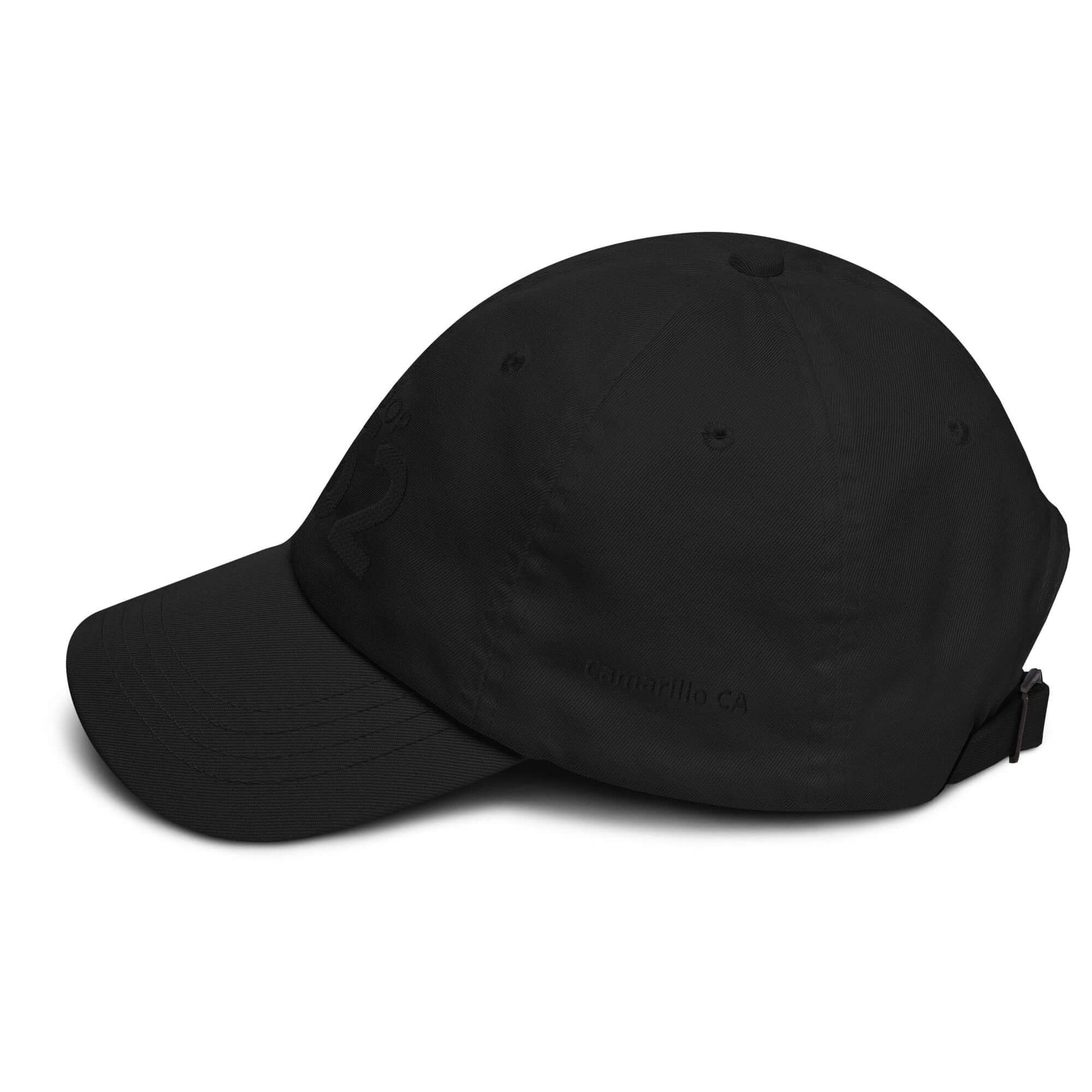 Black low-profile hat with adjustable strap and curved visor, featuring six embroidered eyelets for ventilation.