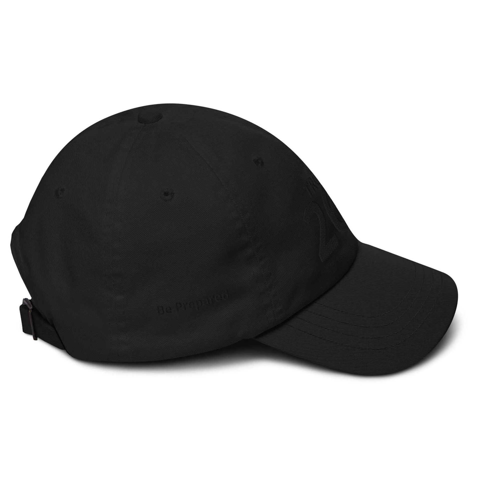 Black low-profile adjustable hat with curved visor and embroidered eyelets. Perfect for casual wear and outdoor activities.