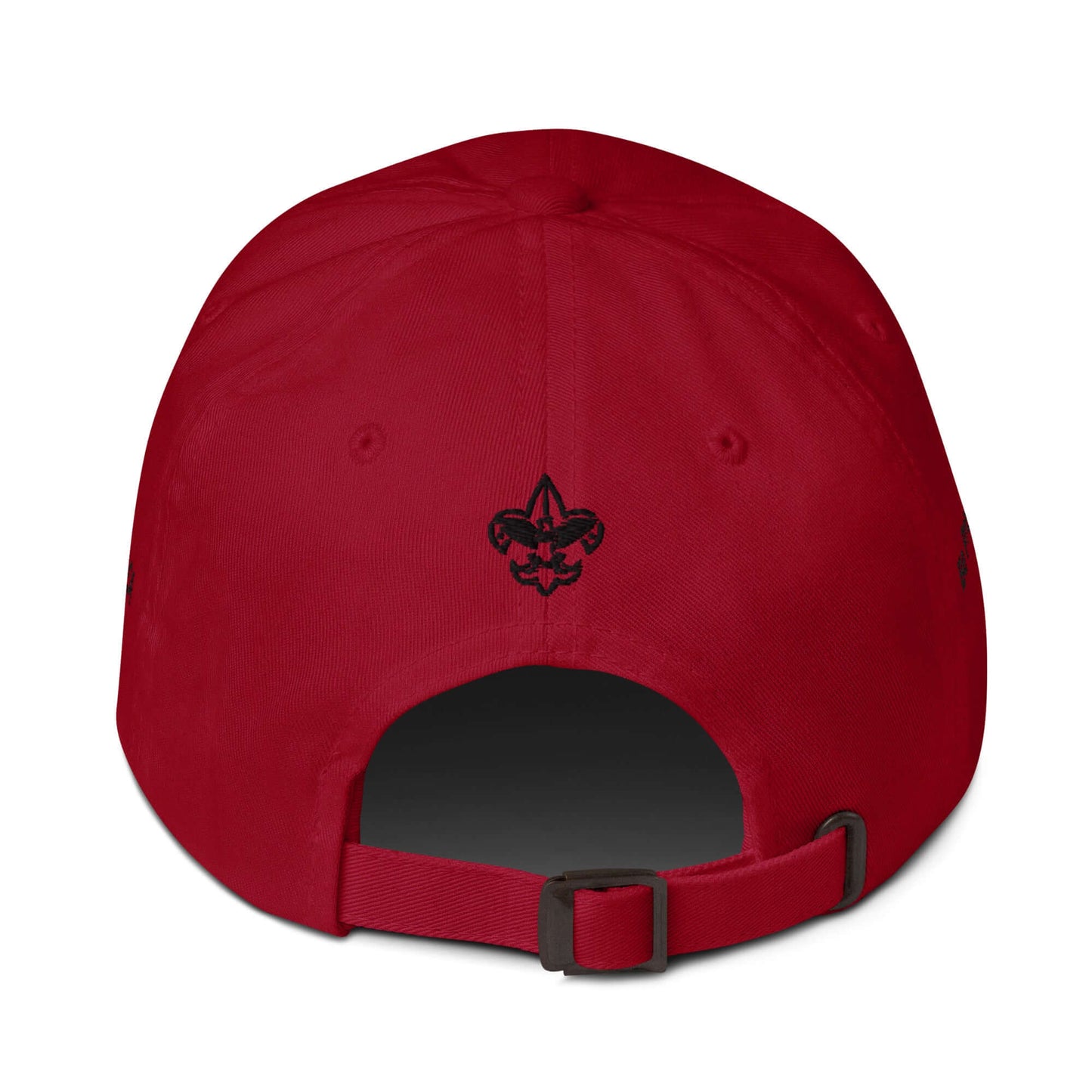 Red baseball cap back view with adjustable strap and embroidered logo detail. Unstructured style for casual wear.