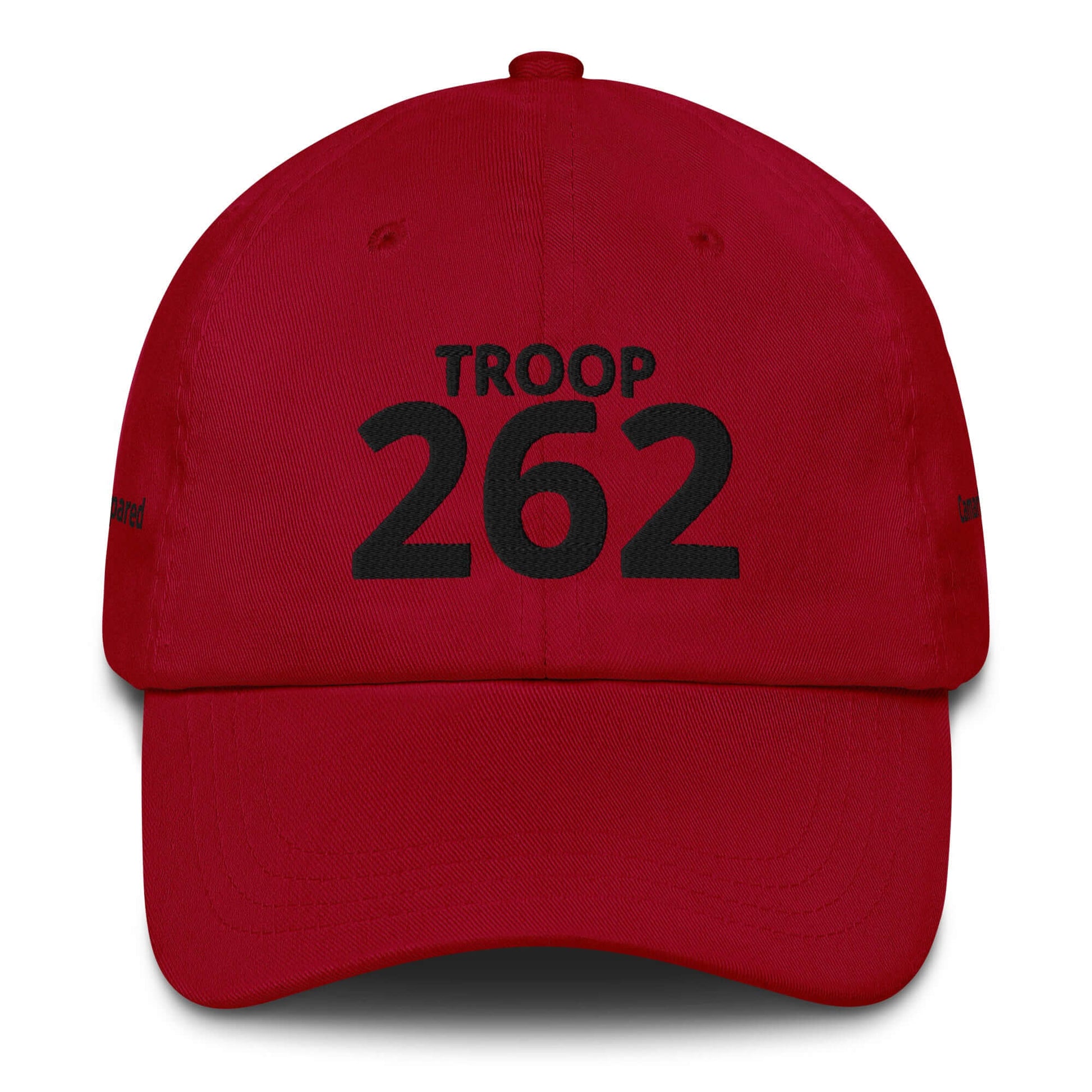 Red baseball cap featuring "TROOP 262" in bold black lettering on the front.