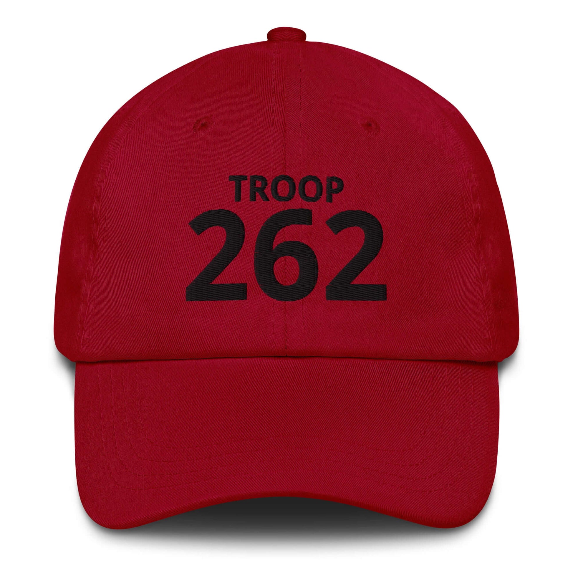 Red dad hat featuring black text that reads 'TROOP 262' on the front.