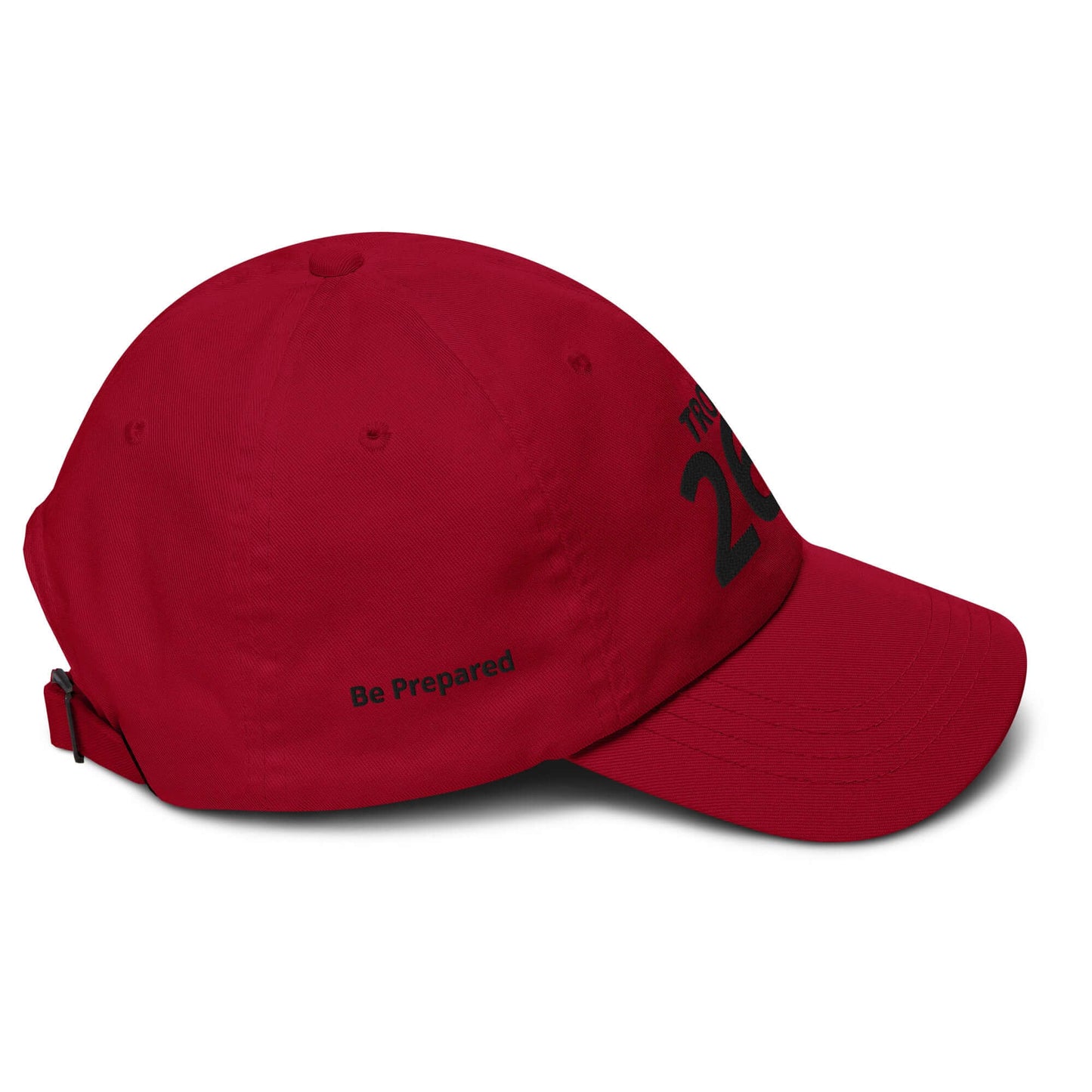 Red low-profile hat with adjustable strap and curved visor, featuring "2023" and "Be Prepared" text.