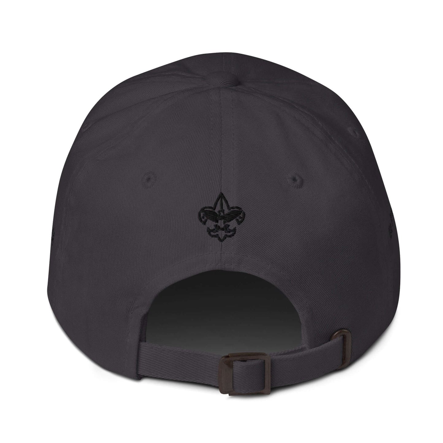 Back view of a low-profile black hat with adjustable strap and embroidered logo.