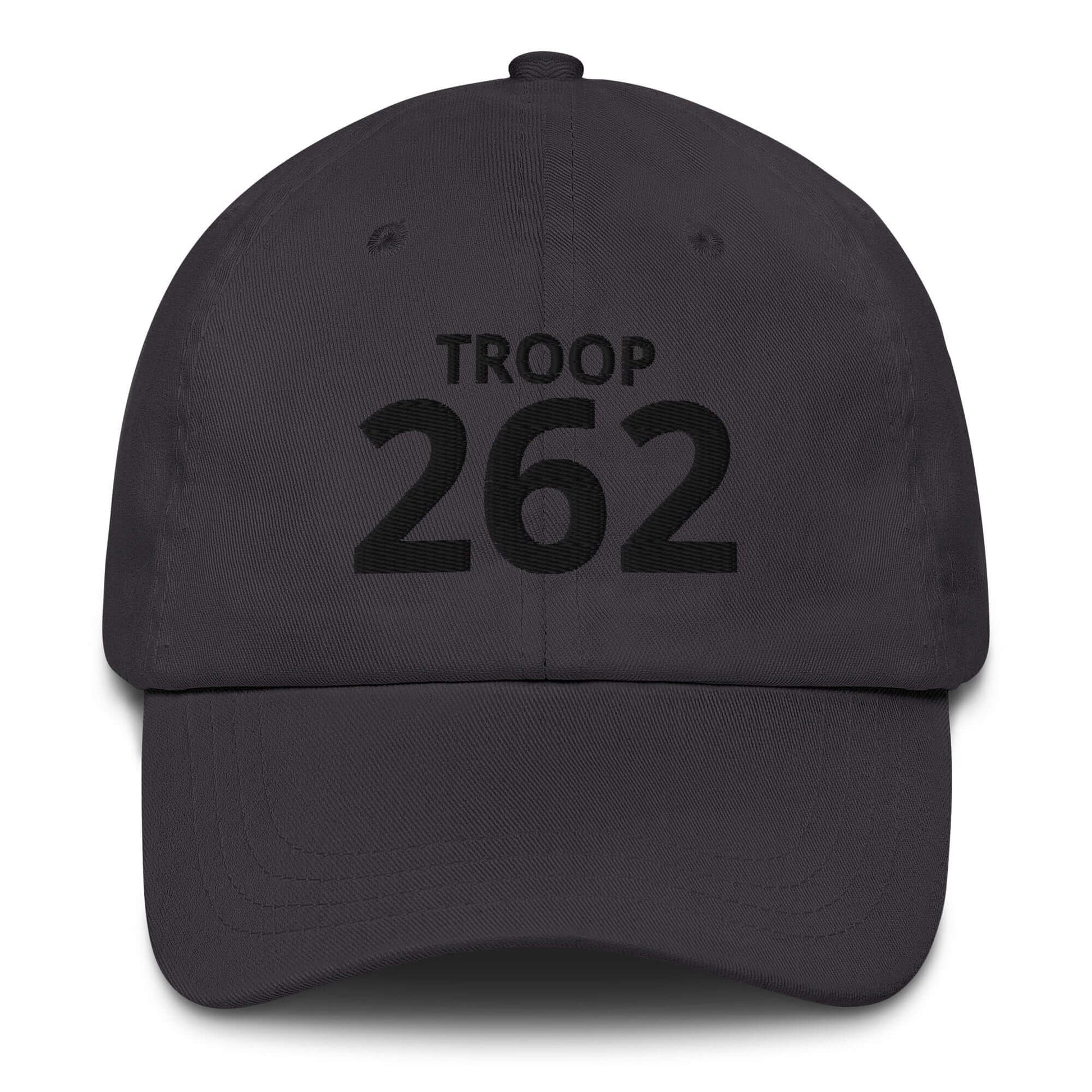 Black dad hat with the text 'TROOP 262' embroidered on the front, featuring a low-profile design and adjustable strap.