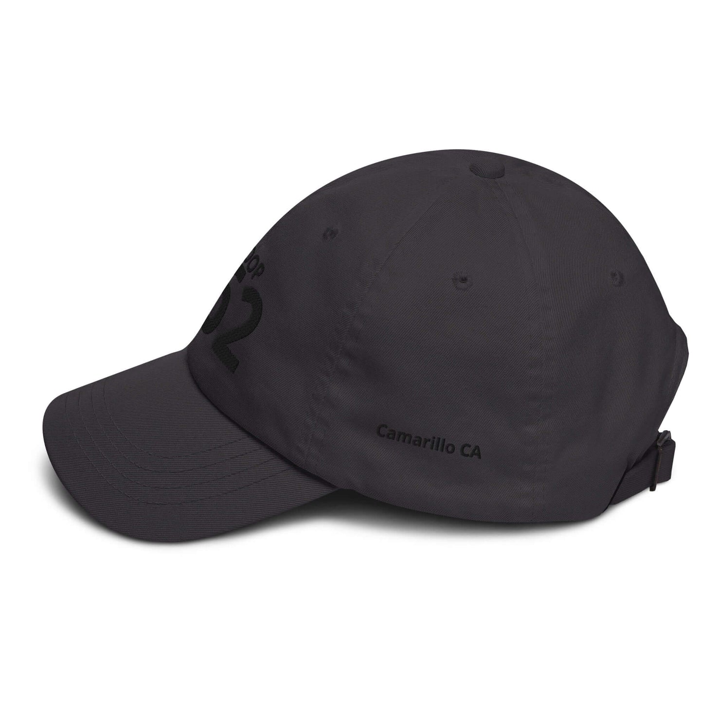 Adjustable black baseball hat with Camarillo CA print and curved visor, perfect for casual wear.