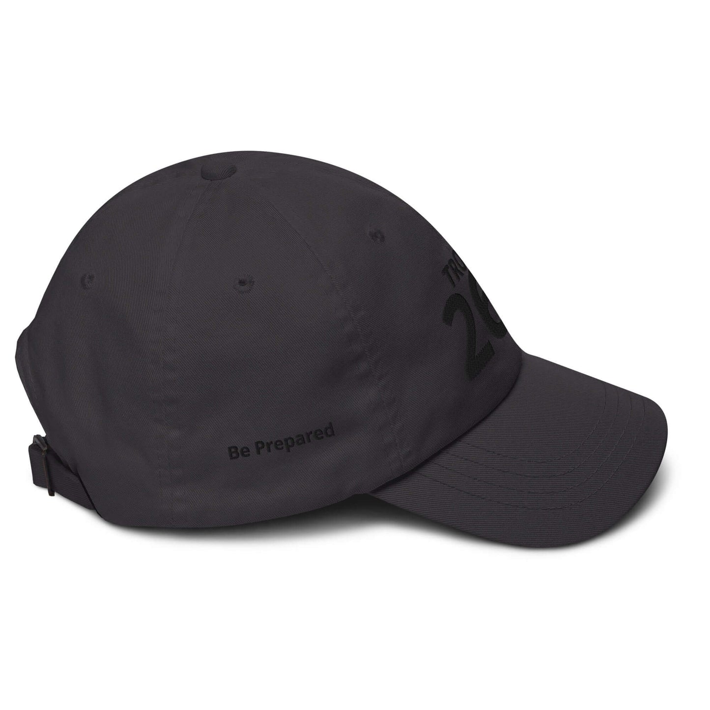 Black low-profile cap with curved visor and adjustable strap featuring "Be Prepared" text.