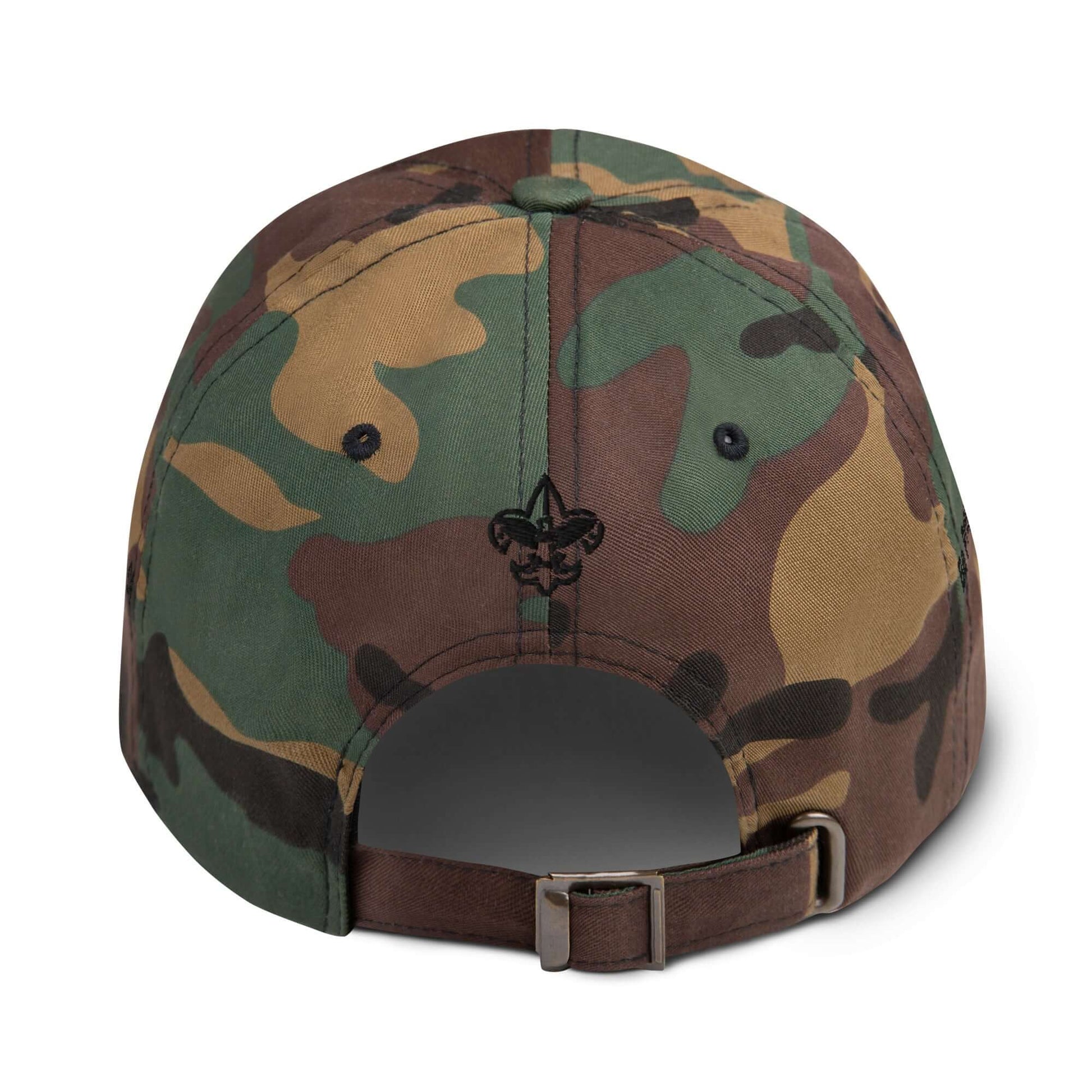 Back view of a low-profile green camo cap with adjustable strap and embroidered eyelets.