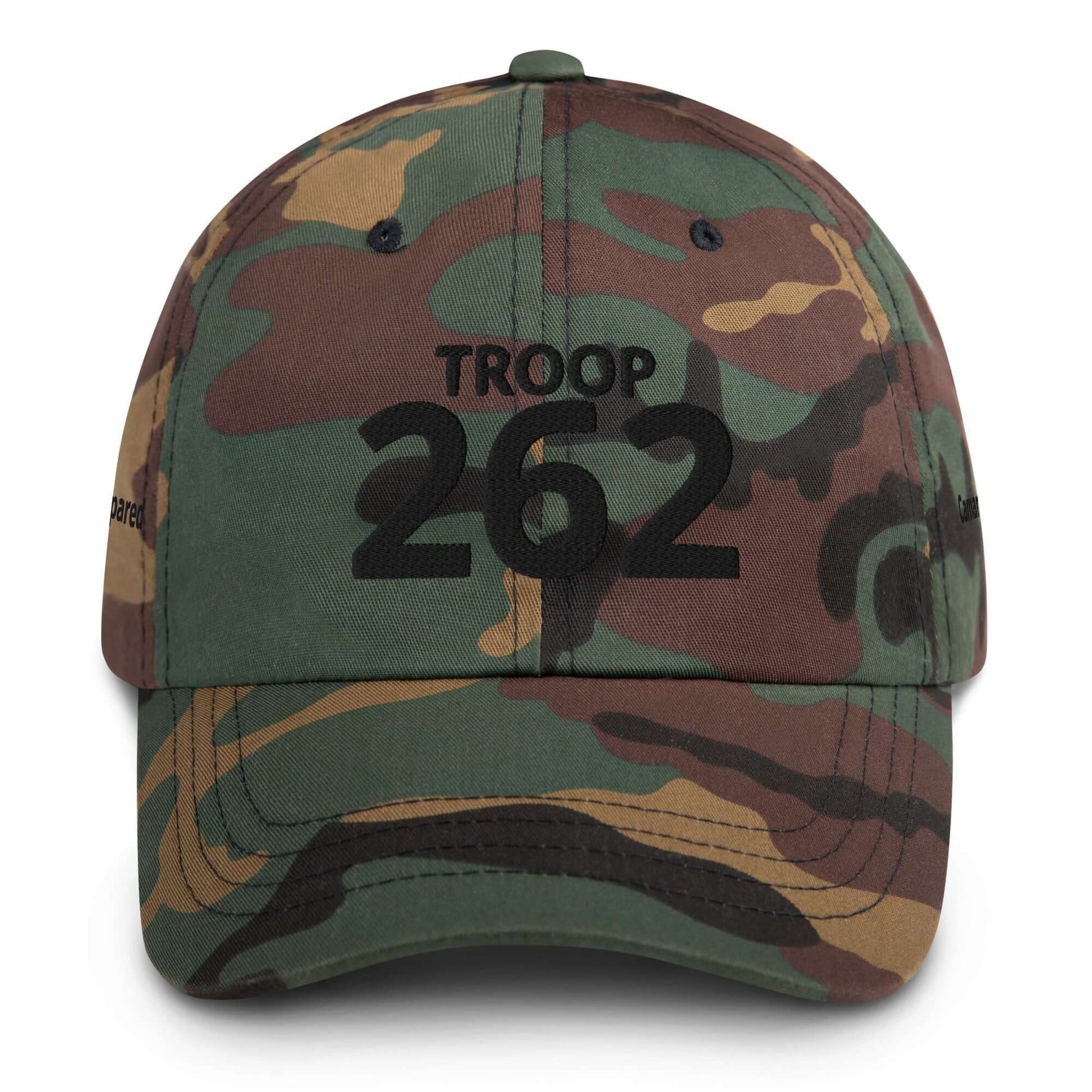 Low-profile green camo hat with adjustable strap and "TROOP 262" embroidered on the front.