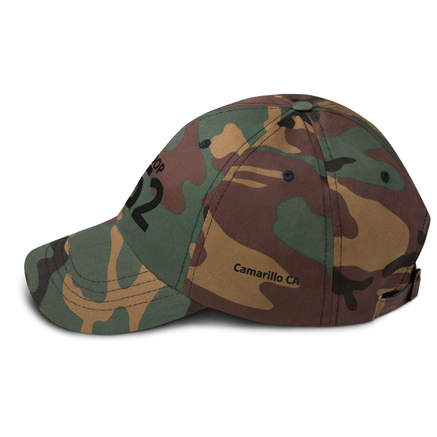 Green camo low-profile cap with adjustable strap, curved visor, and embroidered details. Perfect for casual wear.