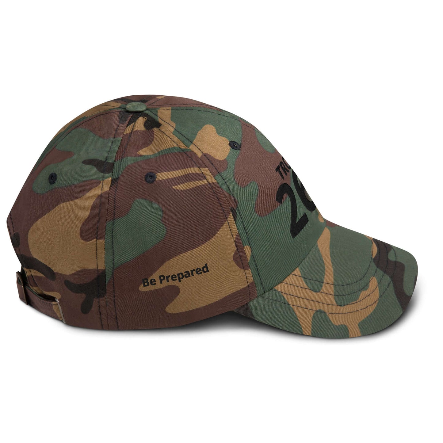 Side view of a low-profile green camo baseball cap with adjustable strap and embroidered lettering.