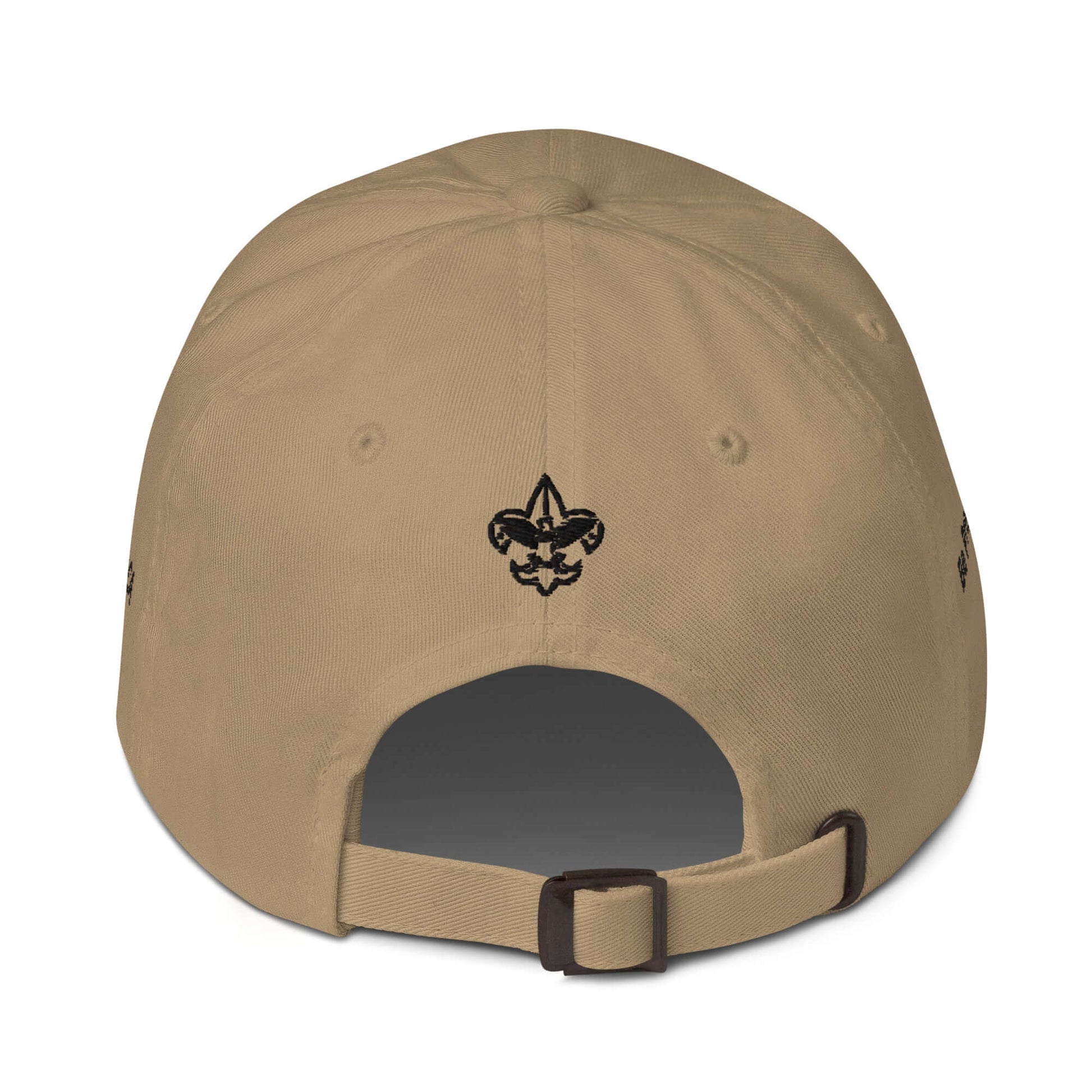 Back view of a beige low-profile cap with an adjustable strap and embroidered logo.