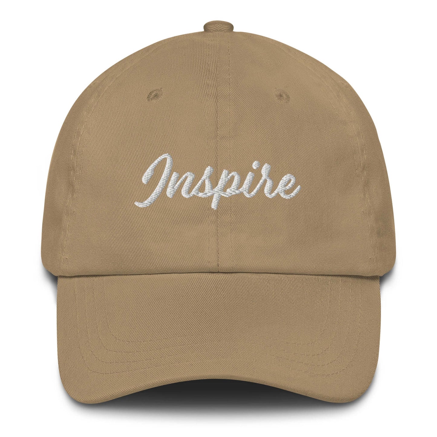 Elegant beige hat with embroidered 'Inspire' text, perfect for adding motivation to any outfit.