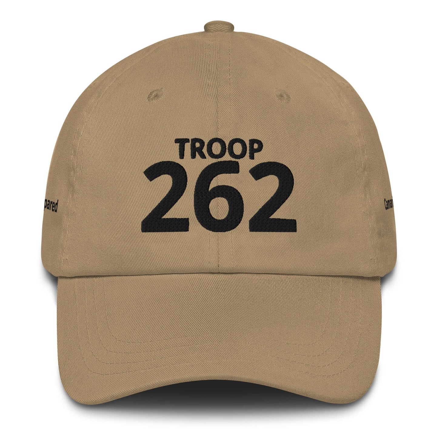 Low-profile tan cap with adjustable strap featuring "TROOP 262" embroidered on the front.