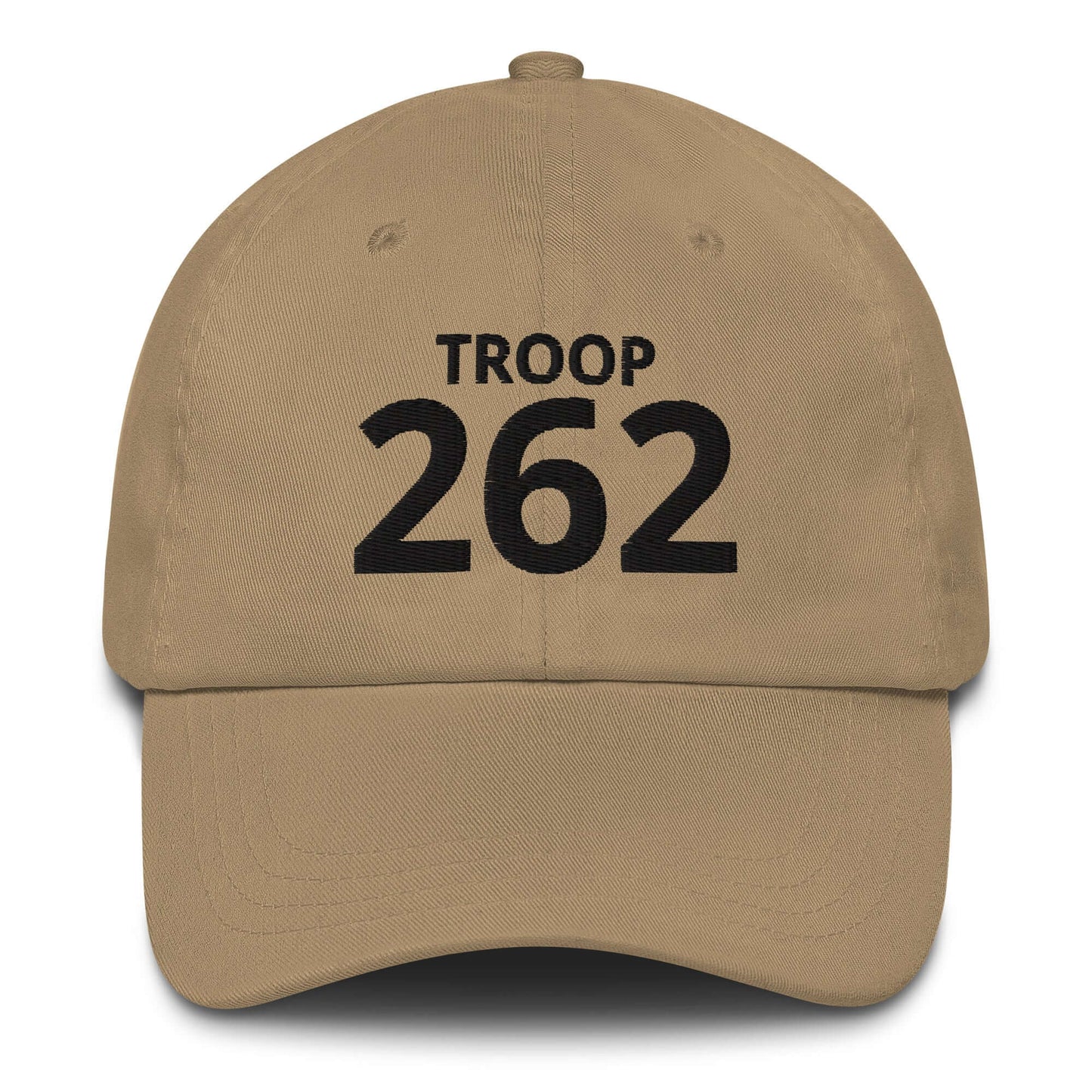 Standard Edition dad hat in tan with "TROOP 262" embroidered text on the front.