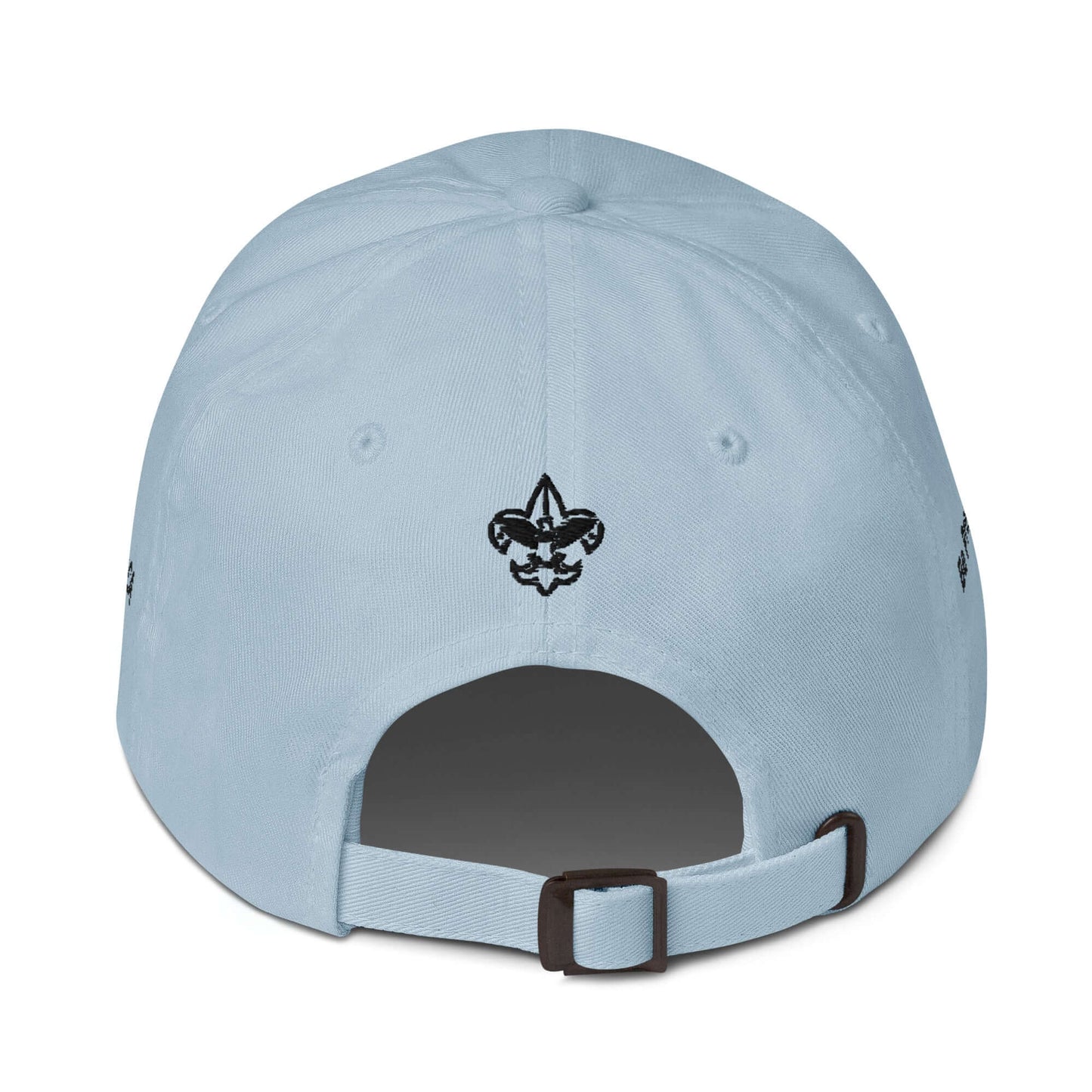 Back view of a light blue adjustable cap featuring embroidered emblem and antique buckle strap.