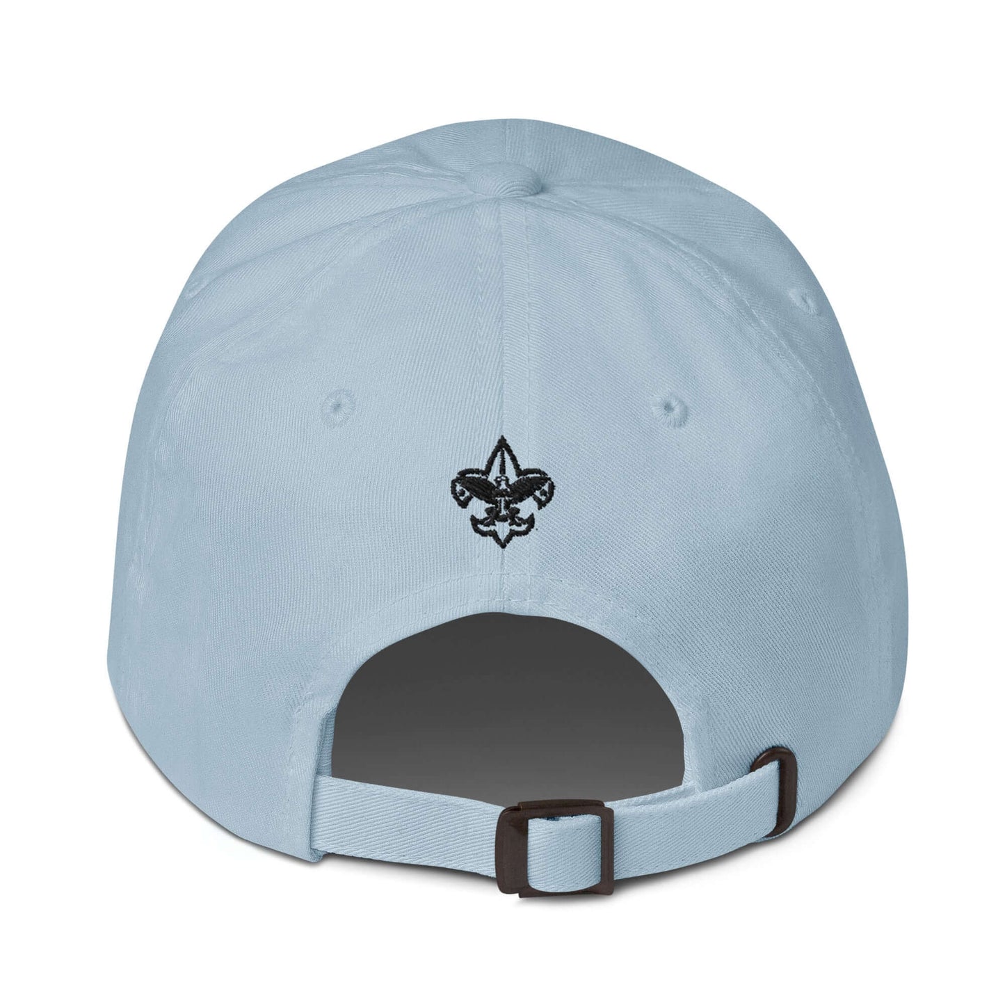 Back view of a light blue dad hat with an embroidered design and adjustable strap.