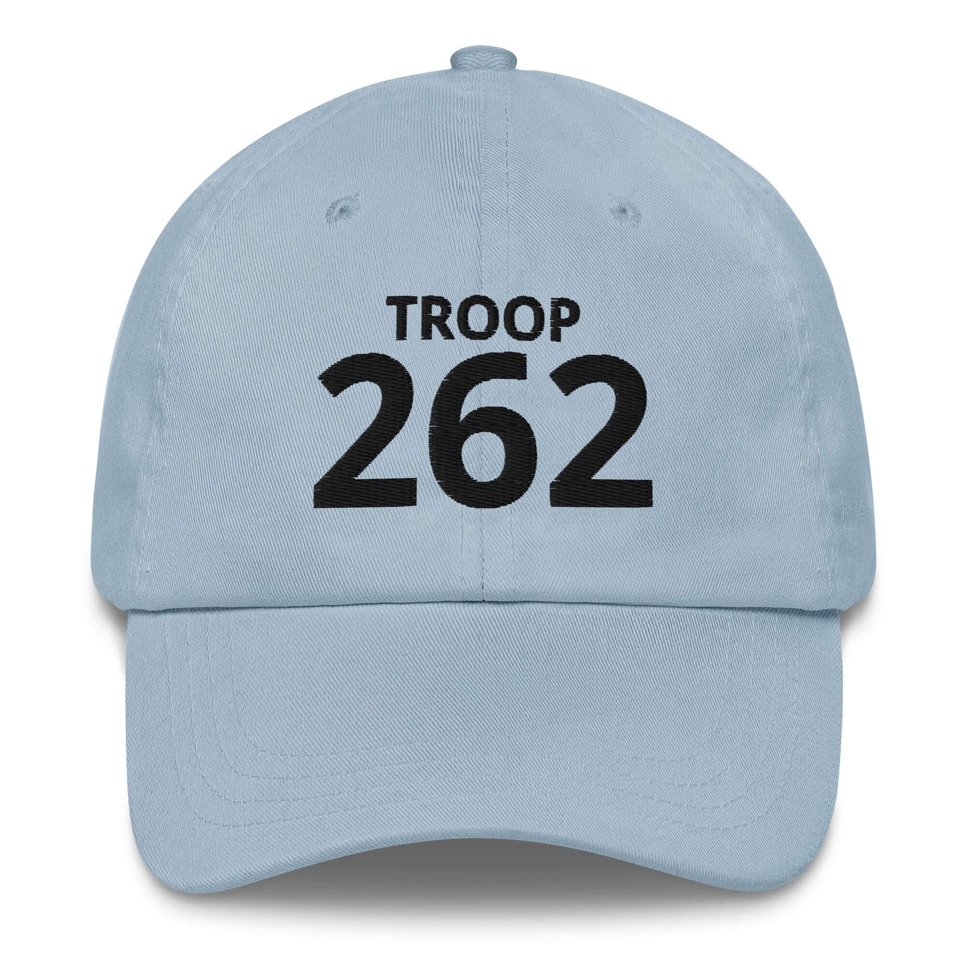 Light blue dad hat featuring bold black text that reads 'TROOP 262', perfect for casual wear.