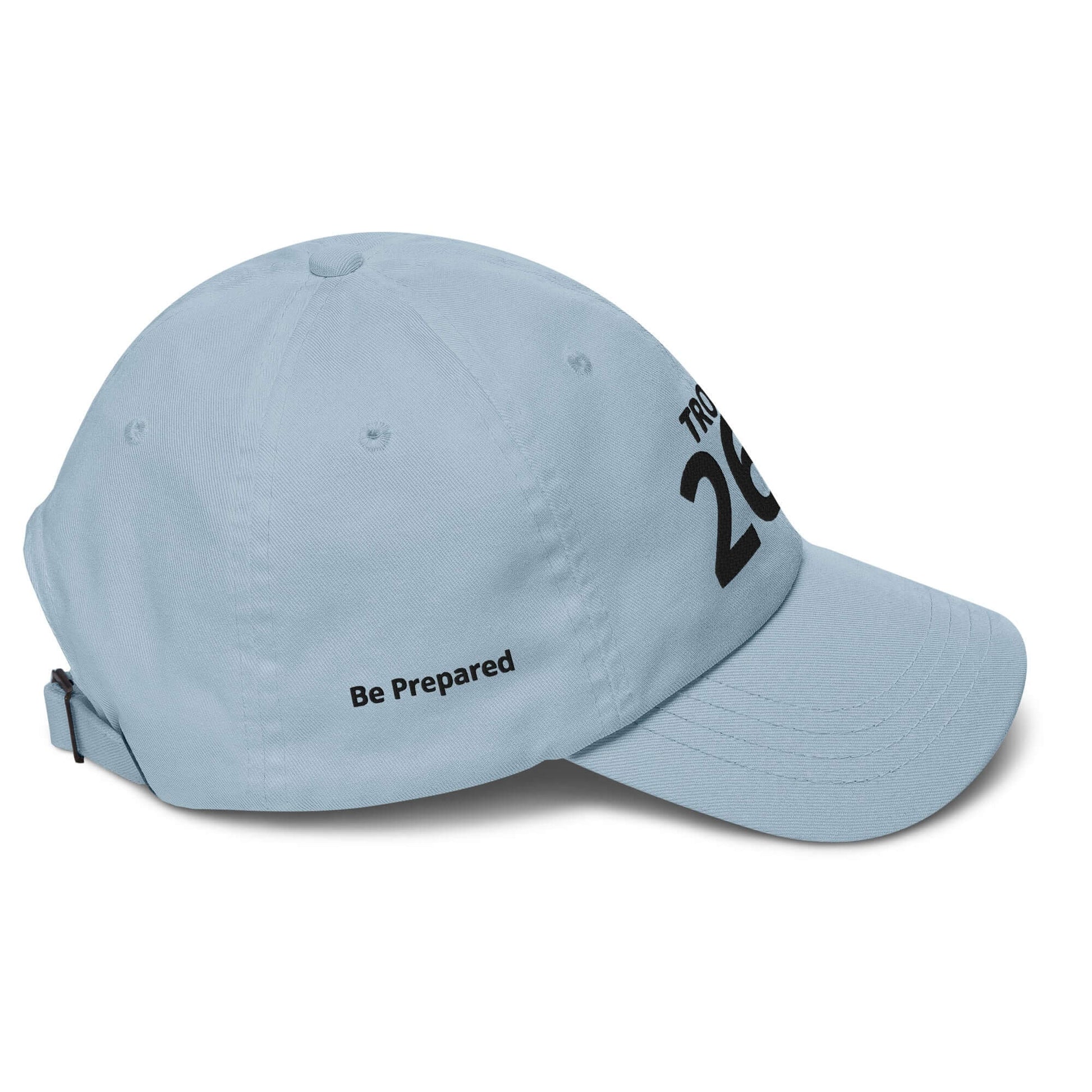 Light blue cap with adjustable strap and curved visor, featuring the text "Be Prepared" and "26."