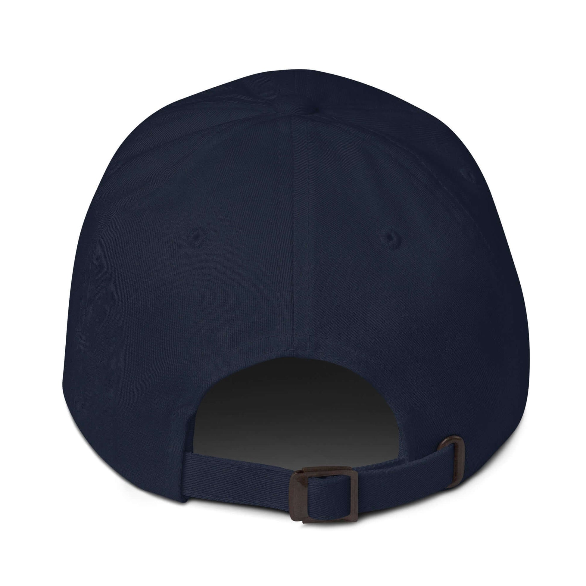 Back view of the Elegantly Inspired Hat in navy, featuring an adjustable strap for a perfect fit.