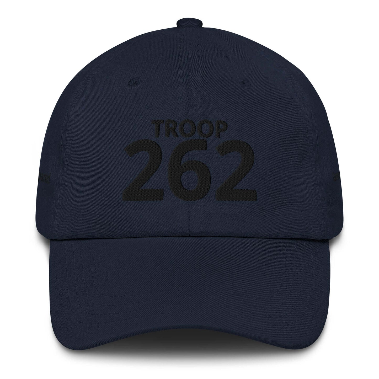 Navy cap featuring "TROOP 262" embroidered on the front, designed with a low profile and adjustable strap.