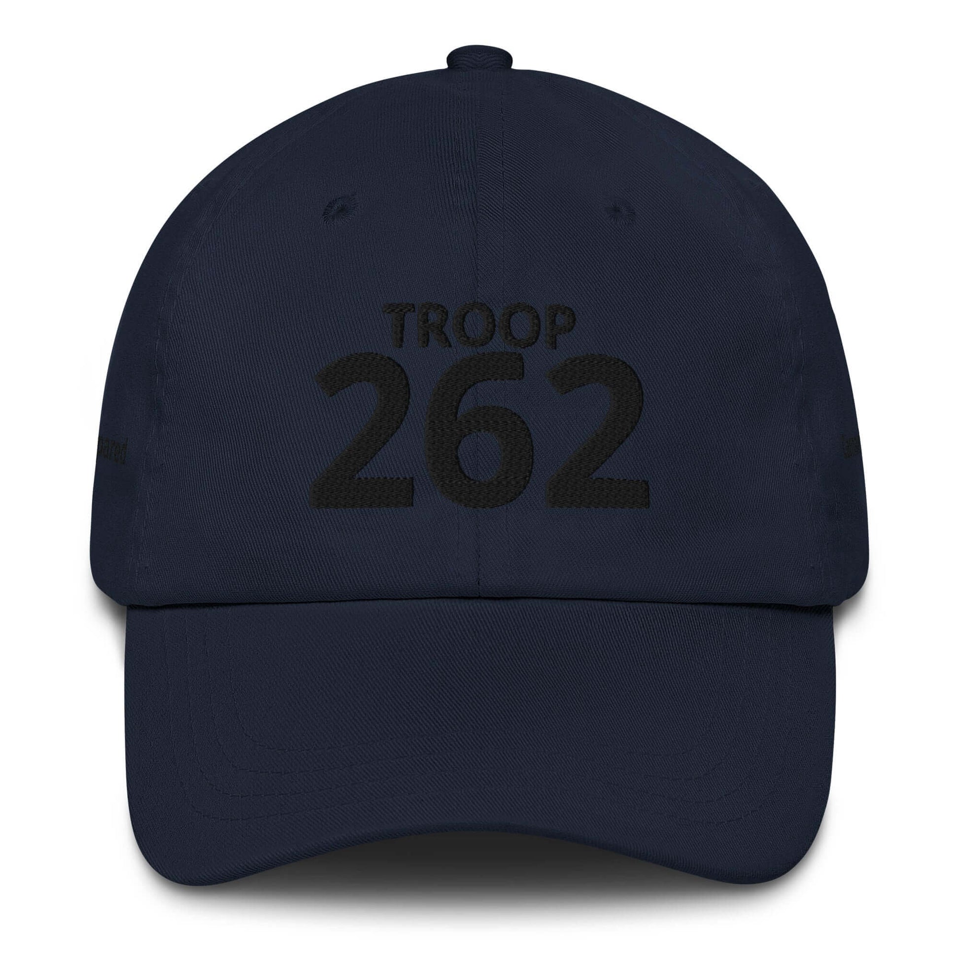 Navy cap featuring "TROOP 262" embroidered on the front, designed with a low profile and adjustable strap.